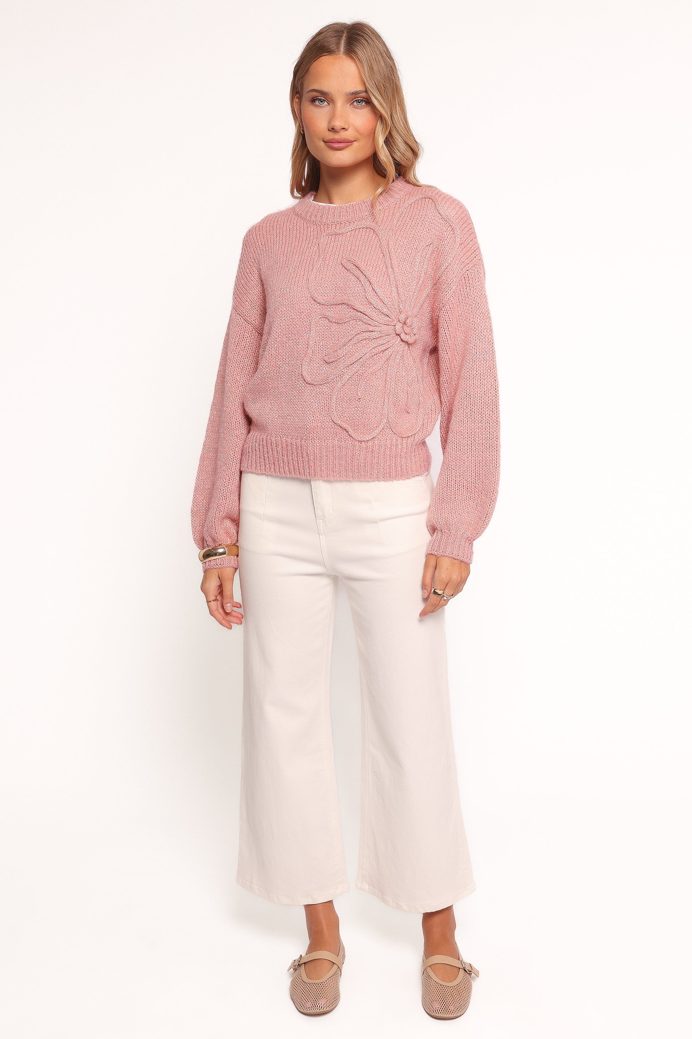 Addie Tonal Flower Knit Sweater - Pink