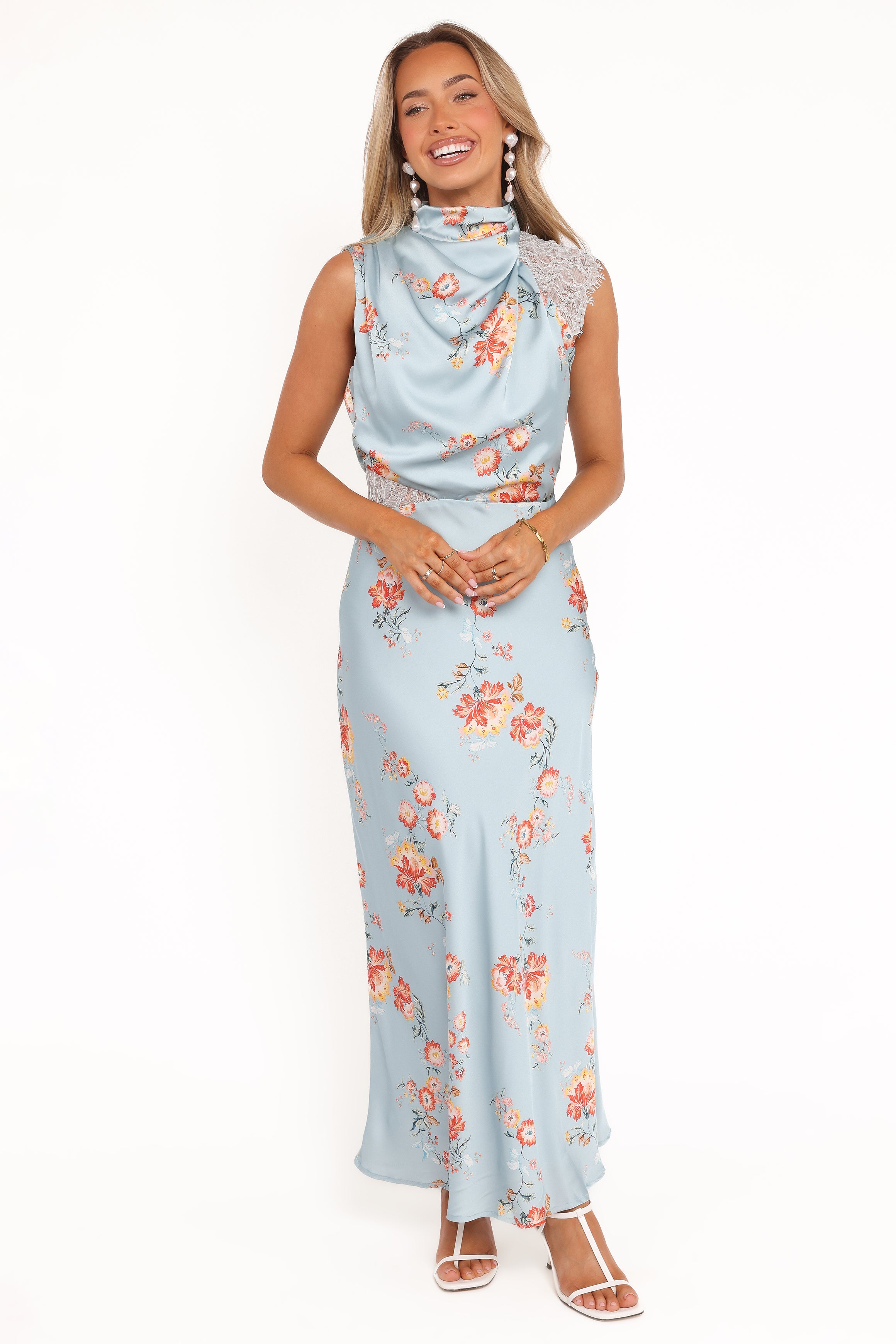 Anabelle Halter Neck Lace Maxi Dress - Blue Floral