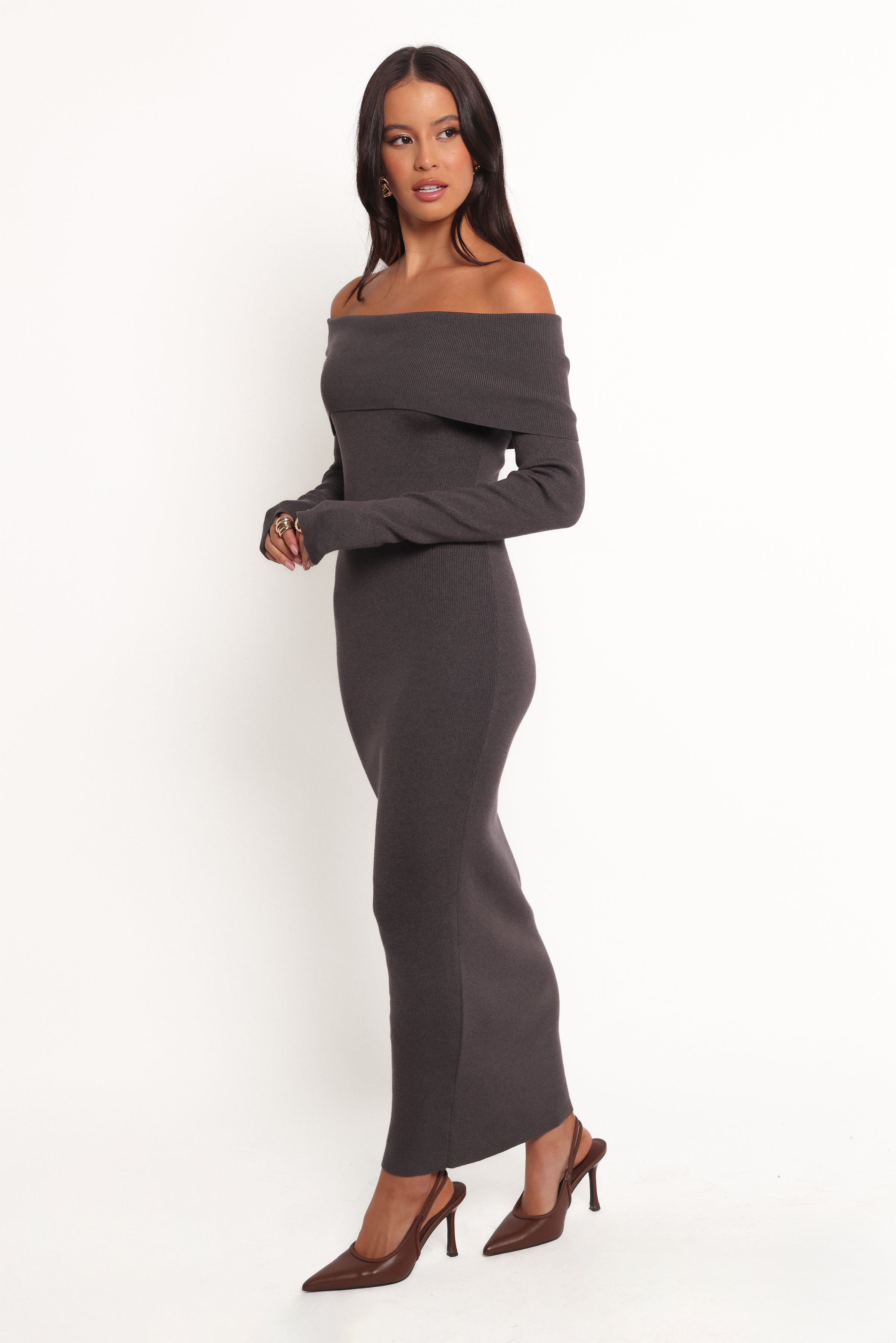 Archie Off The Shoulder Midi Dress - Heathered Charcoal