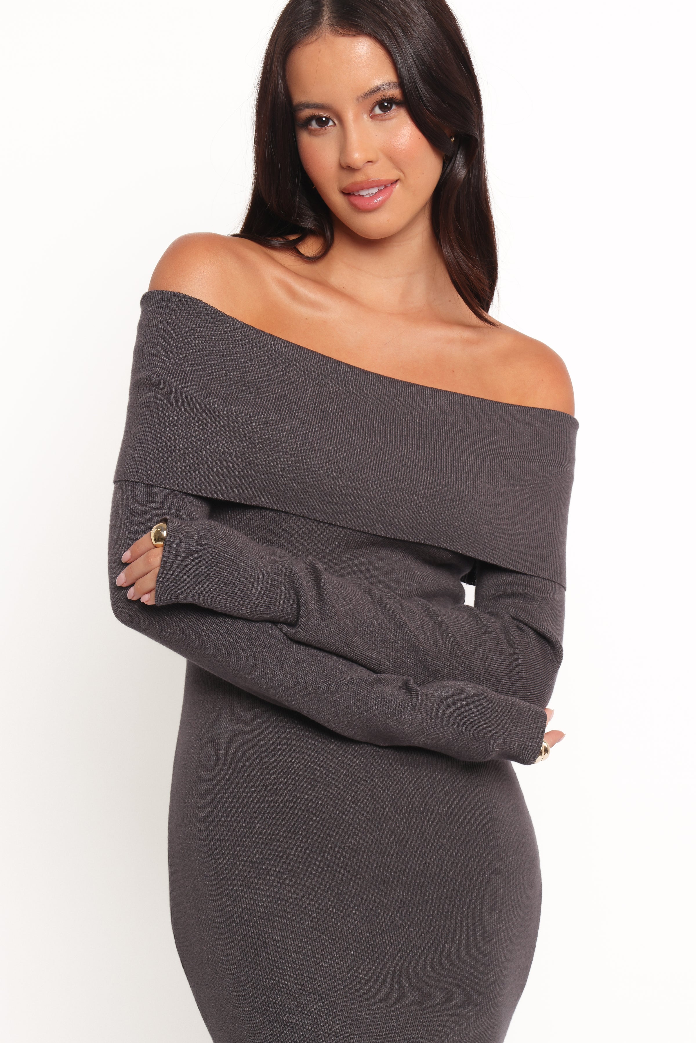 Archie Off The Shoulder Midi Dress - Heathered Charcoal