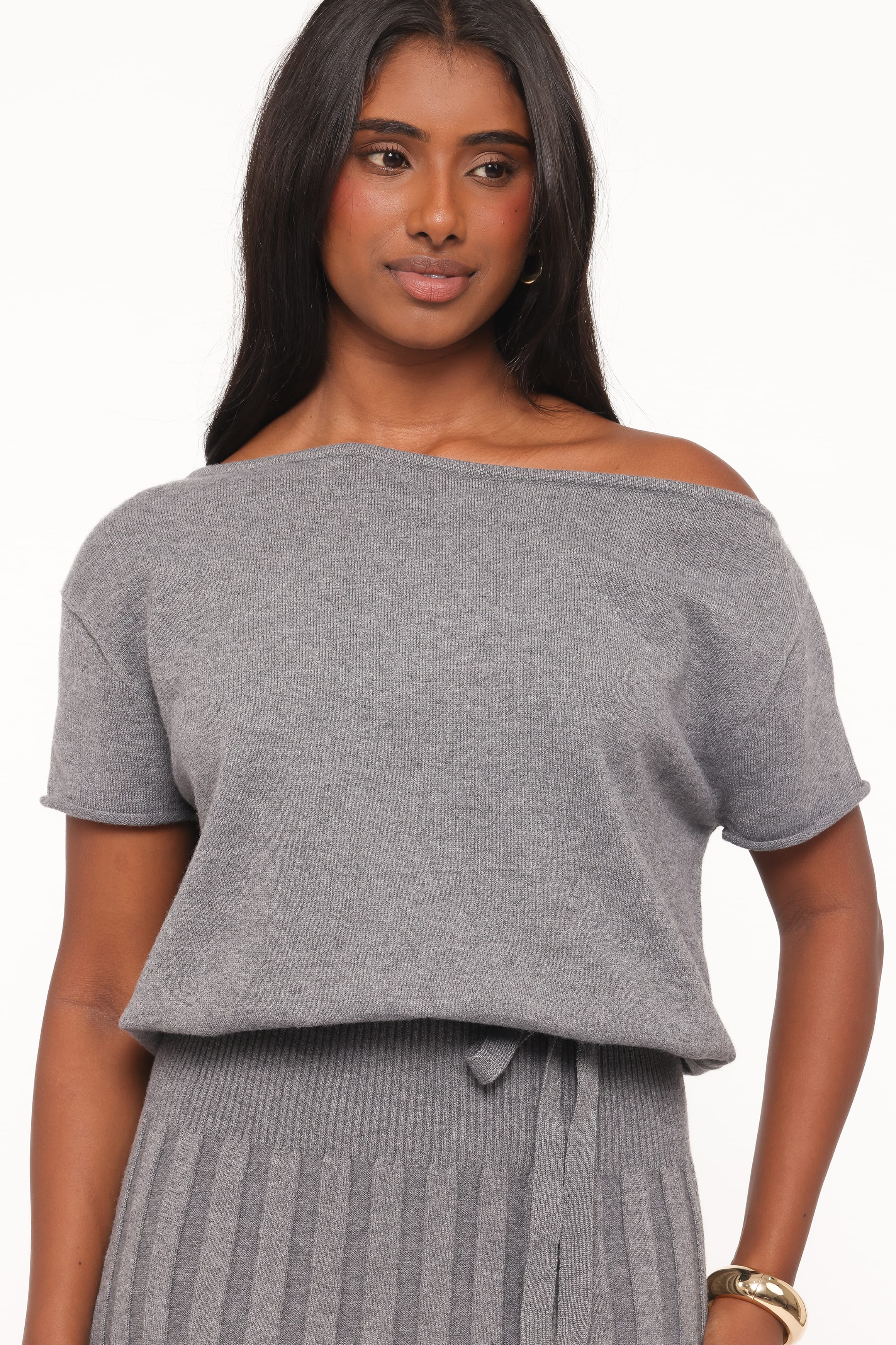 Arnie Off Shoulder Midi Dress - Charcoal Grey