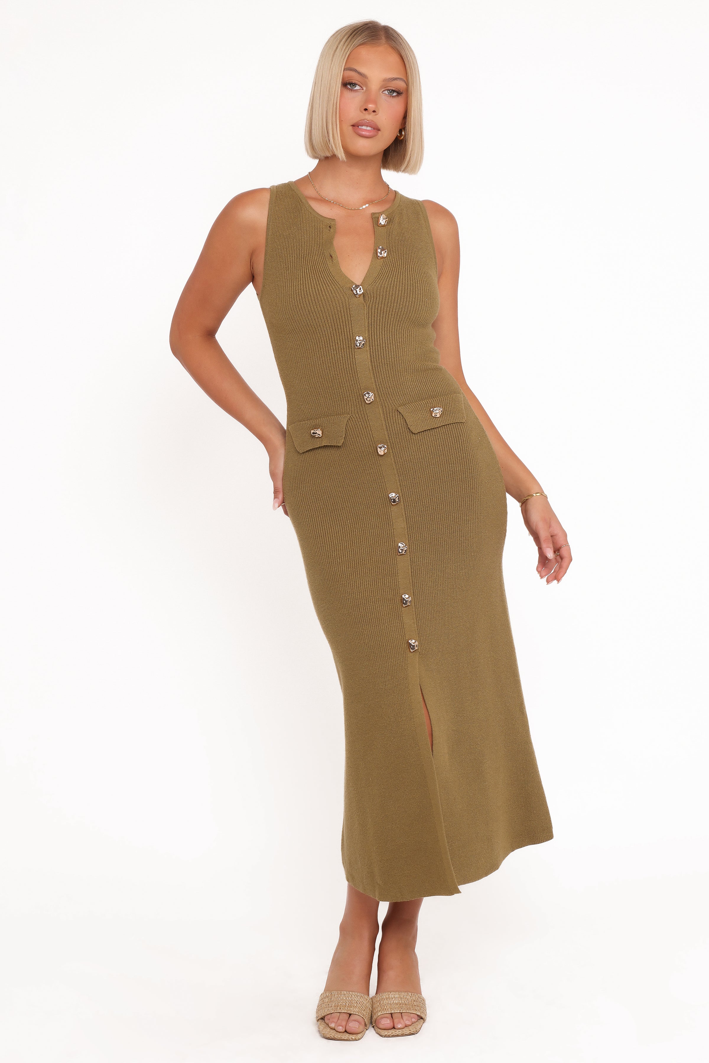 Aspen Button Up Knit Dress - Olive