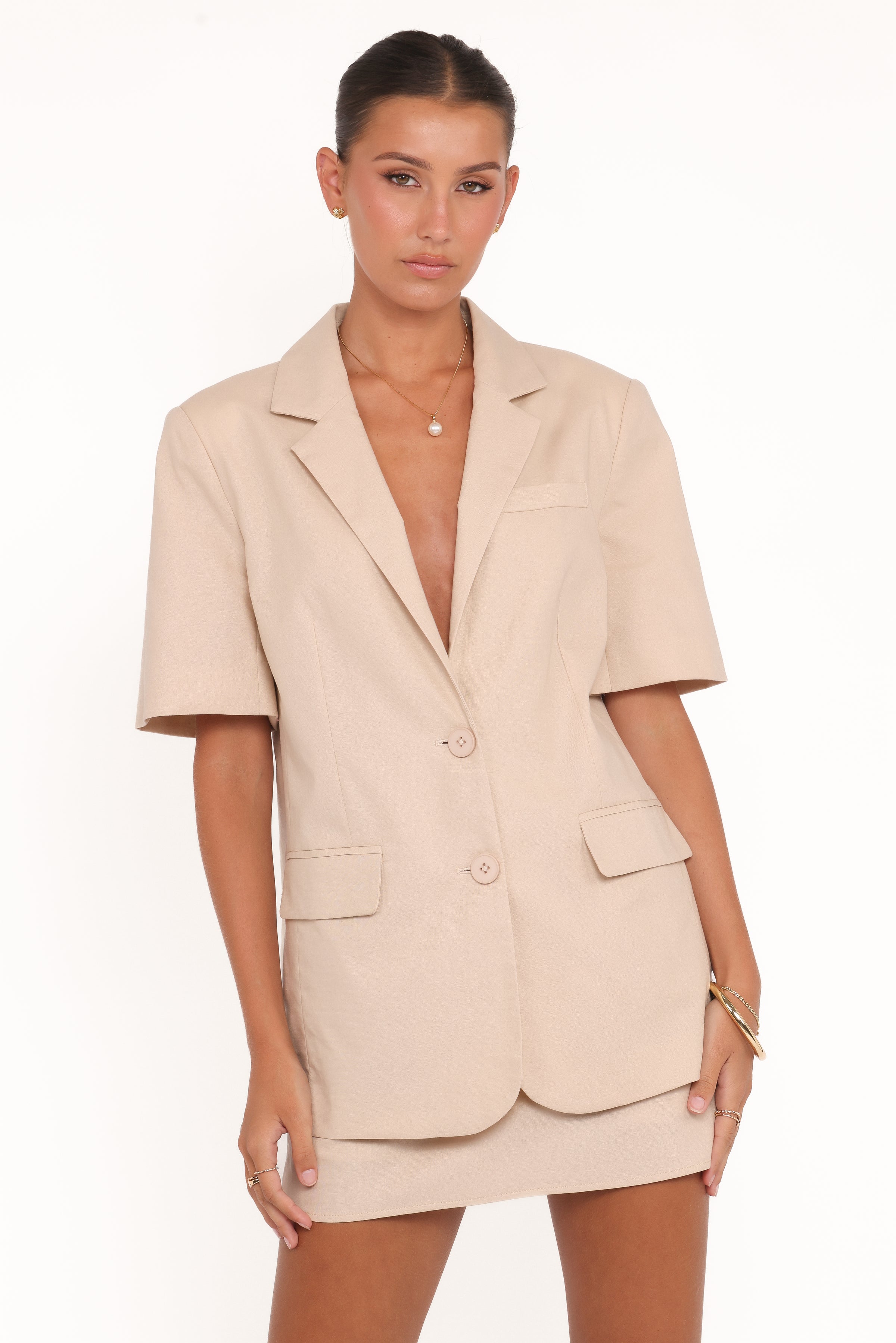 Brielle Short Sleeve Blazer Top - Beige