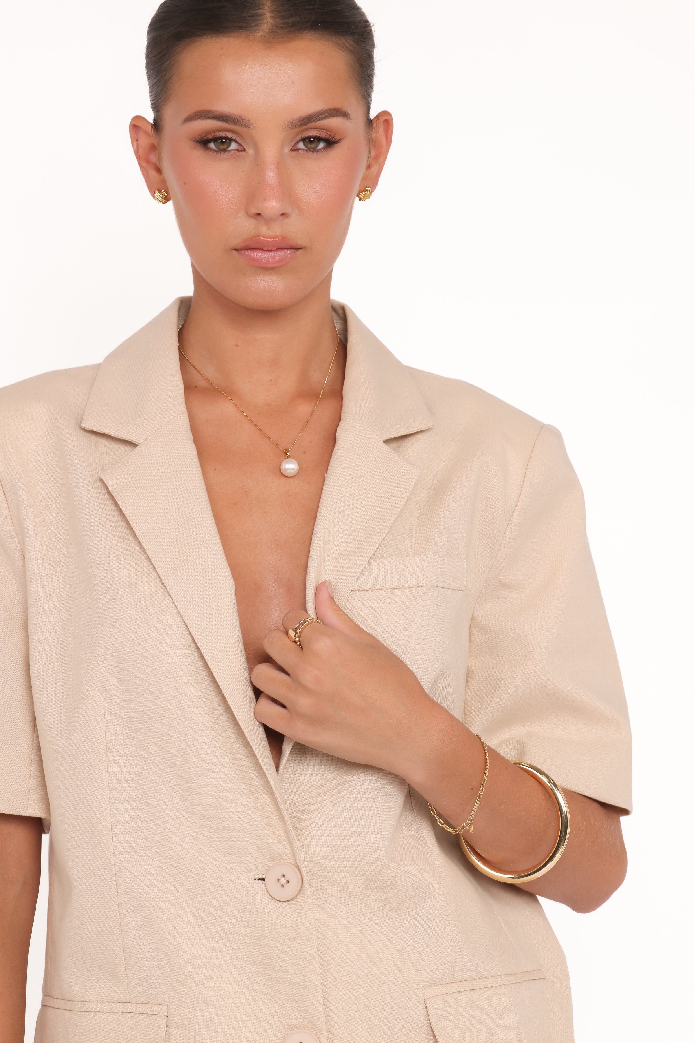 Brielle Short Sleeve Blazer Top - Beige