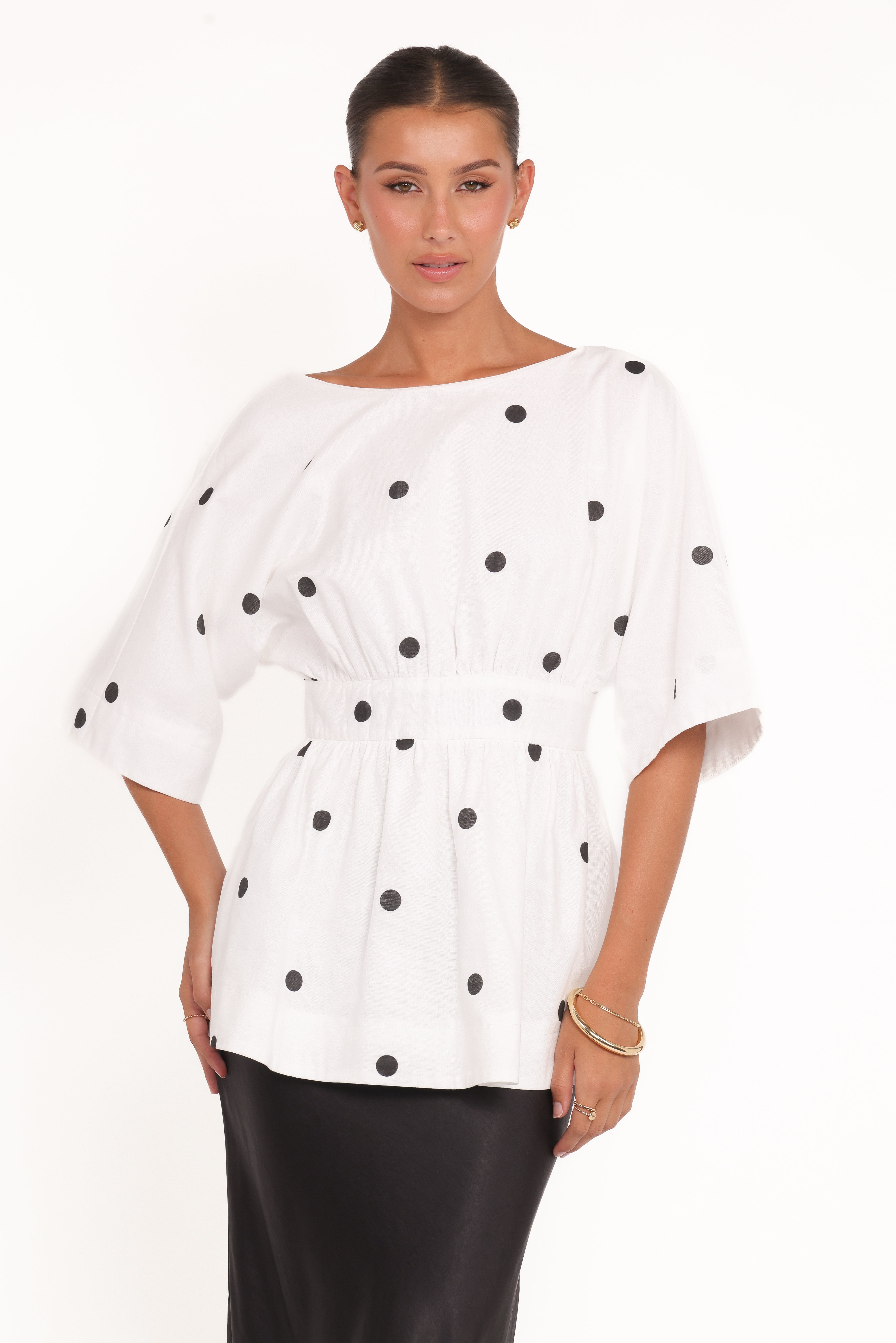 Camila Open Back Top - White Black Polka Dot