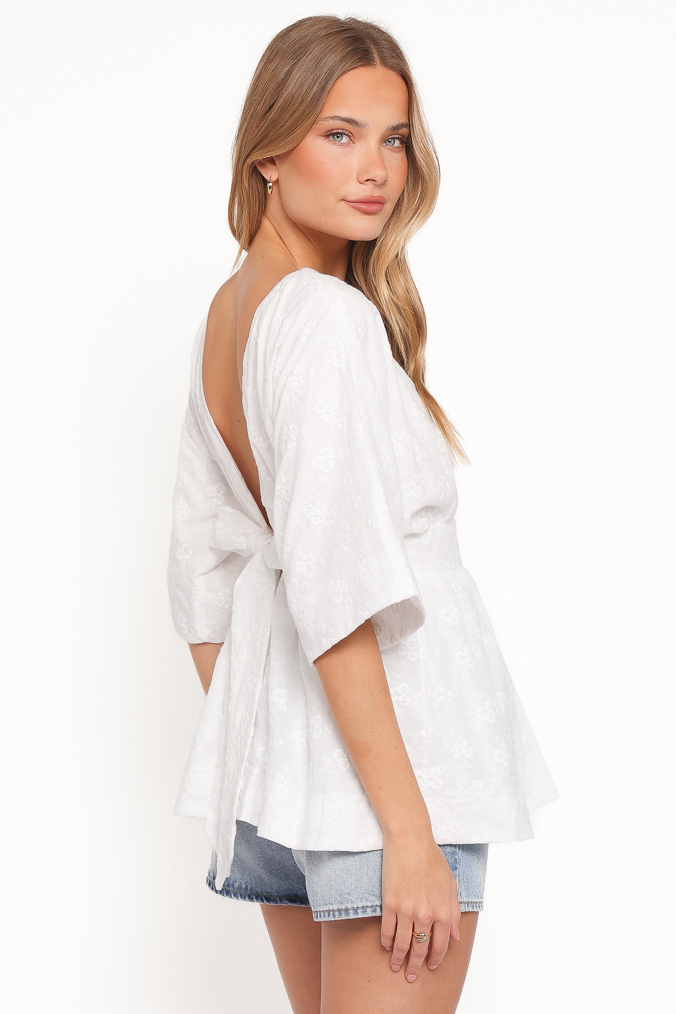 Camila Open Back Top - White Embroidery