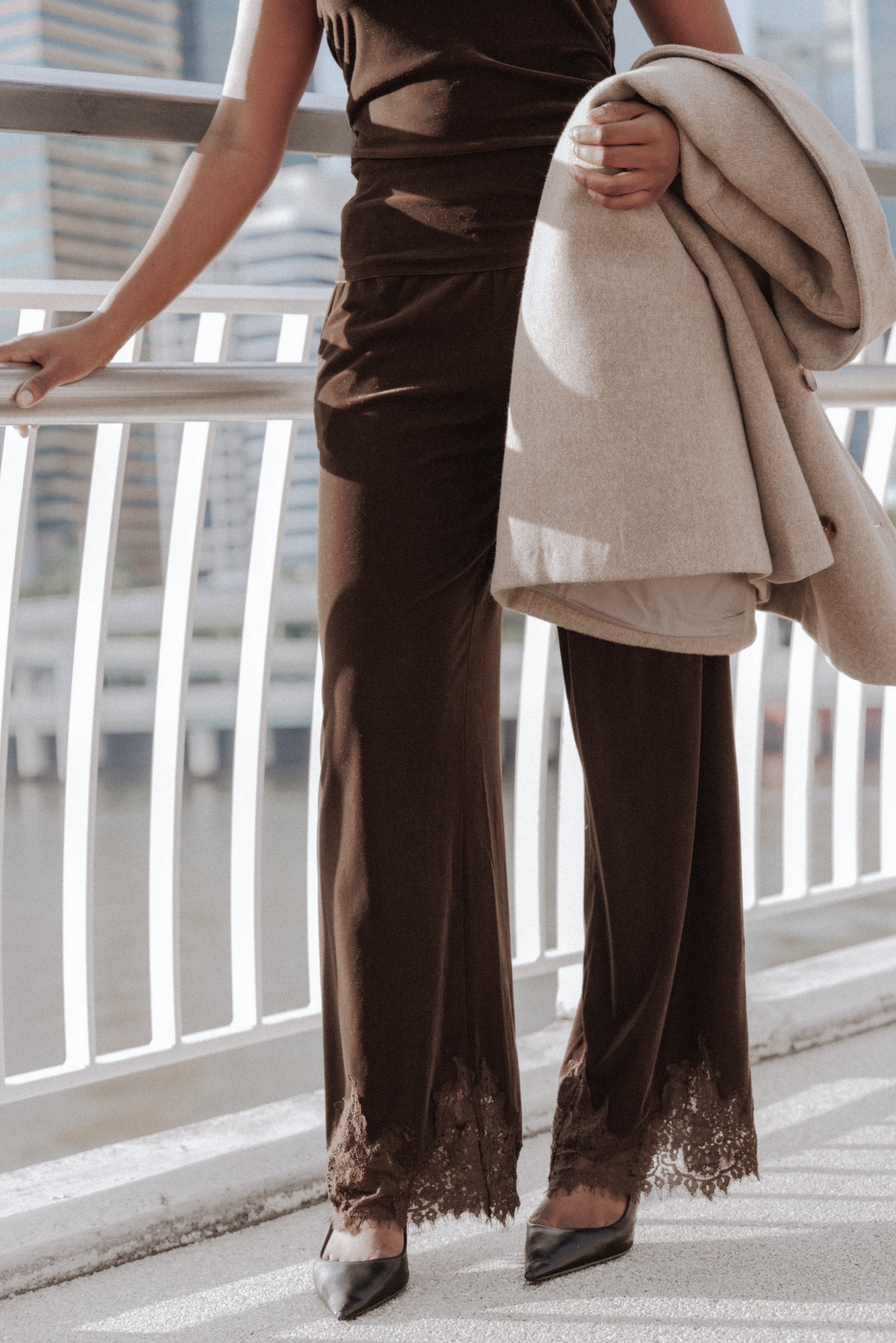 Layton Wide Leg Lace Trim Pants - Chocolate Velvet