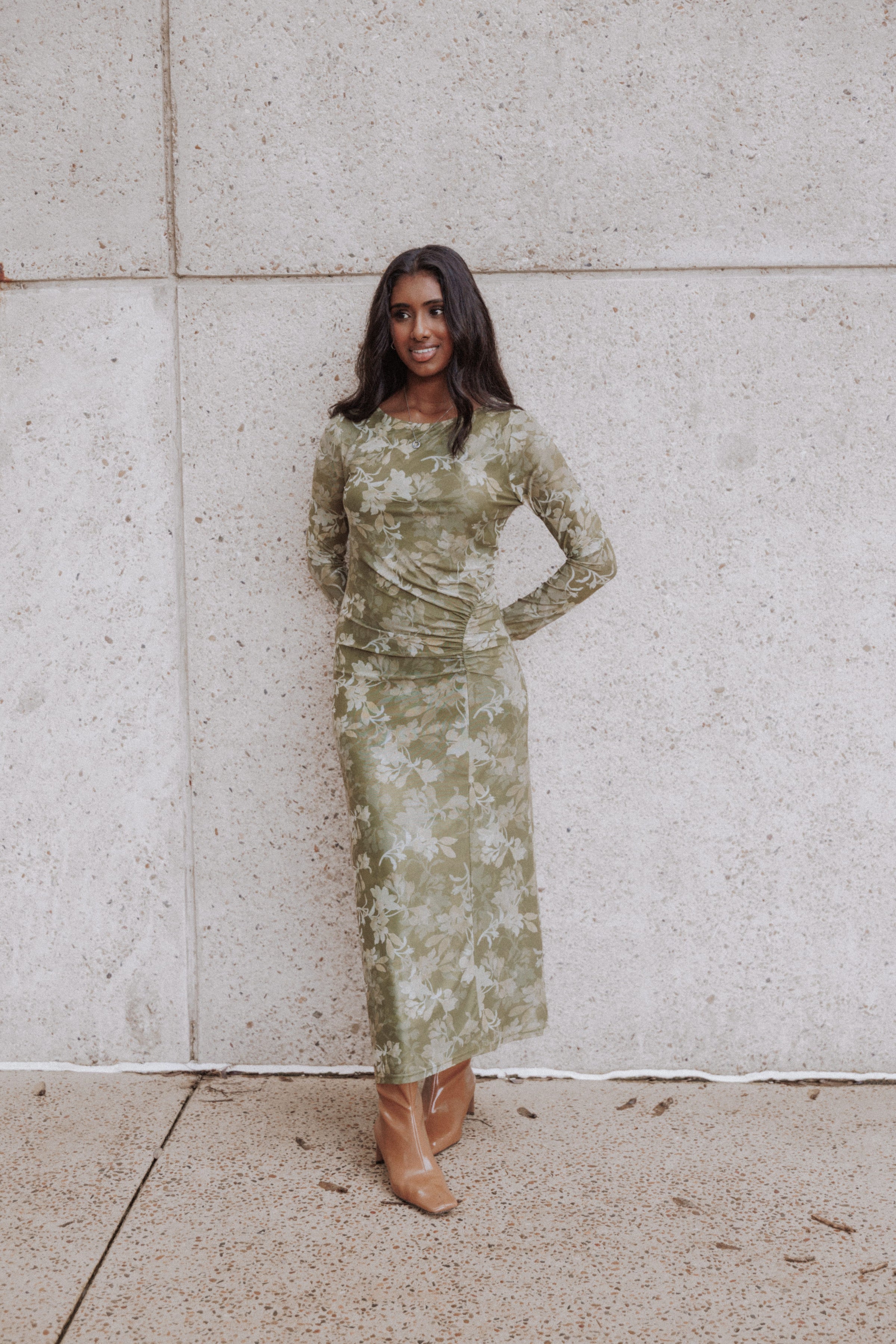 Chelsea Ruched Mesh Maxi Dress - Green Floral