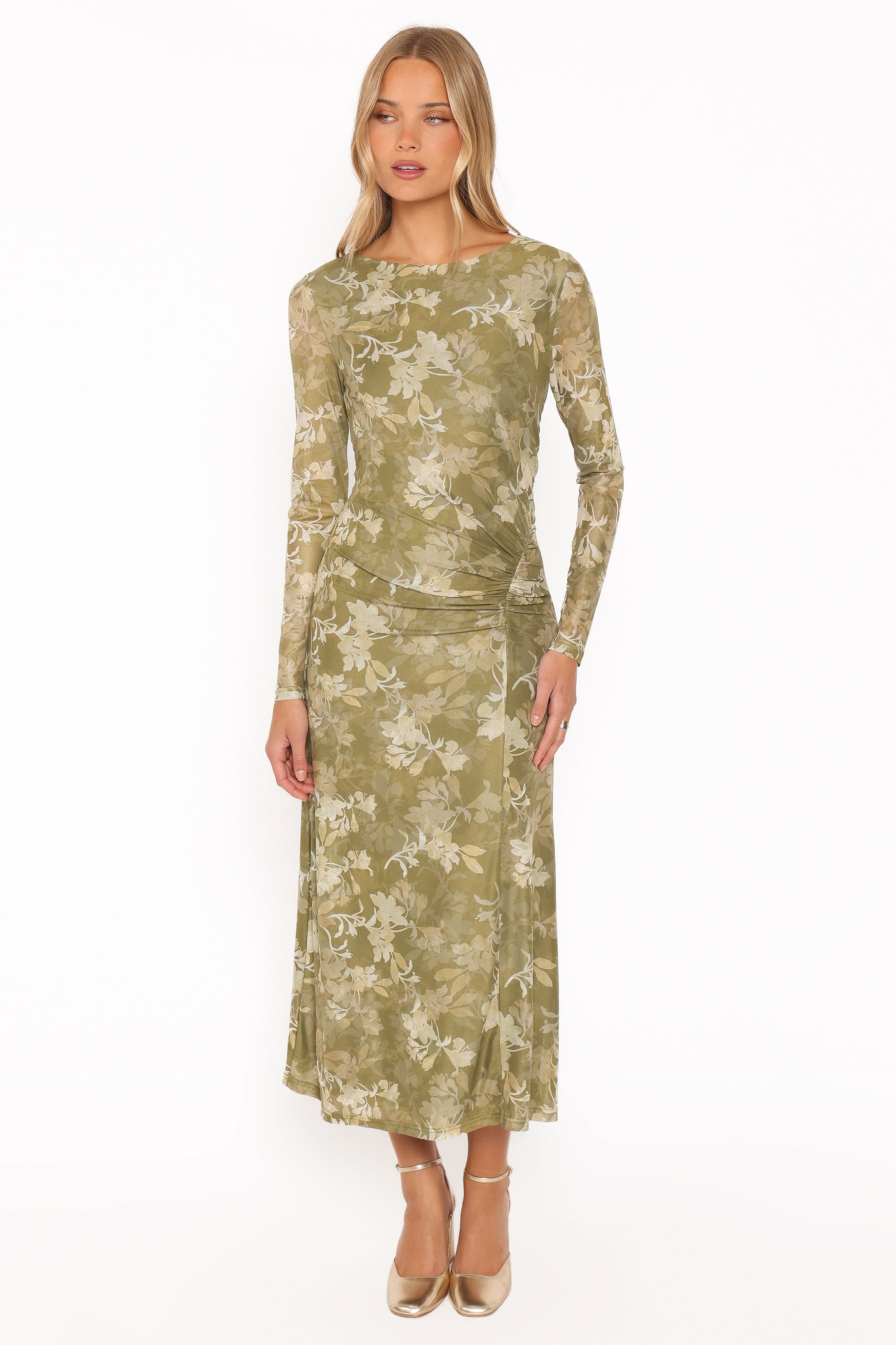 Chelsea Ruched Mesh Maxi Dress - Green Floral