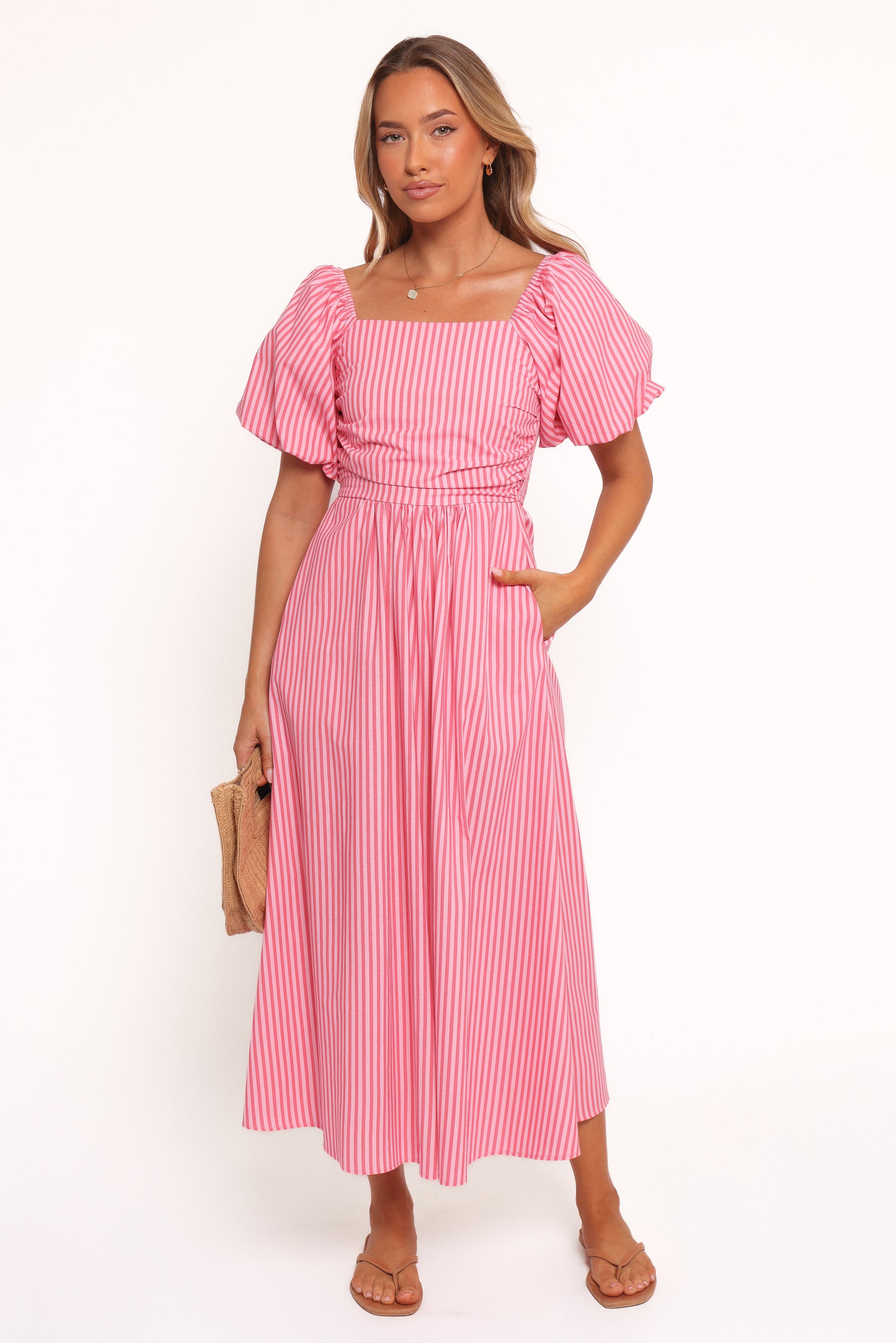 Chlo Puff Sleeve Midi Dress - Red Stripe