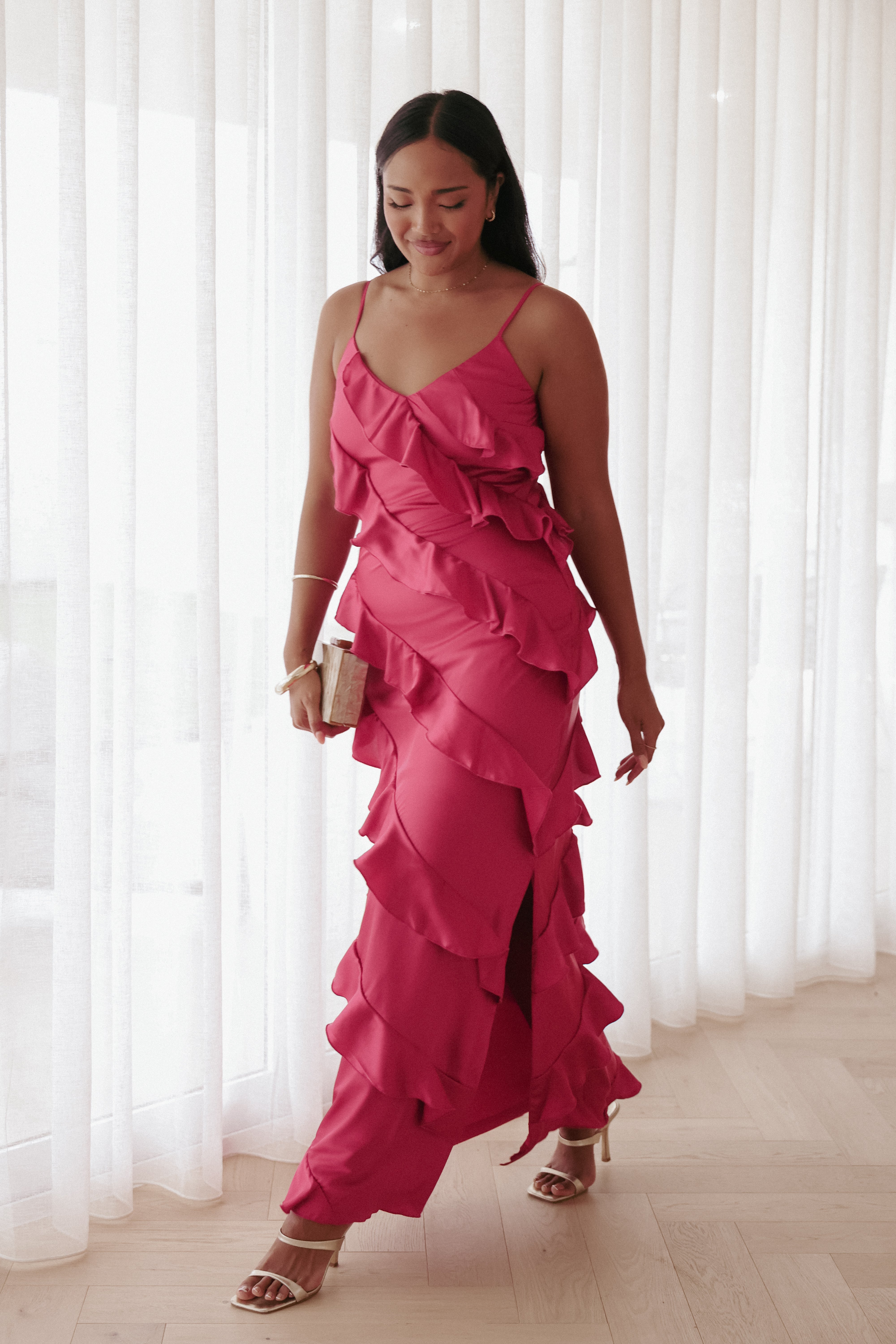 Ciao Ruffles Maxi Satin Dress - Fuchsia