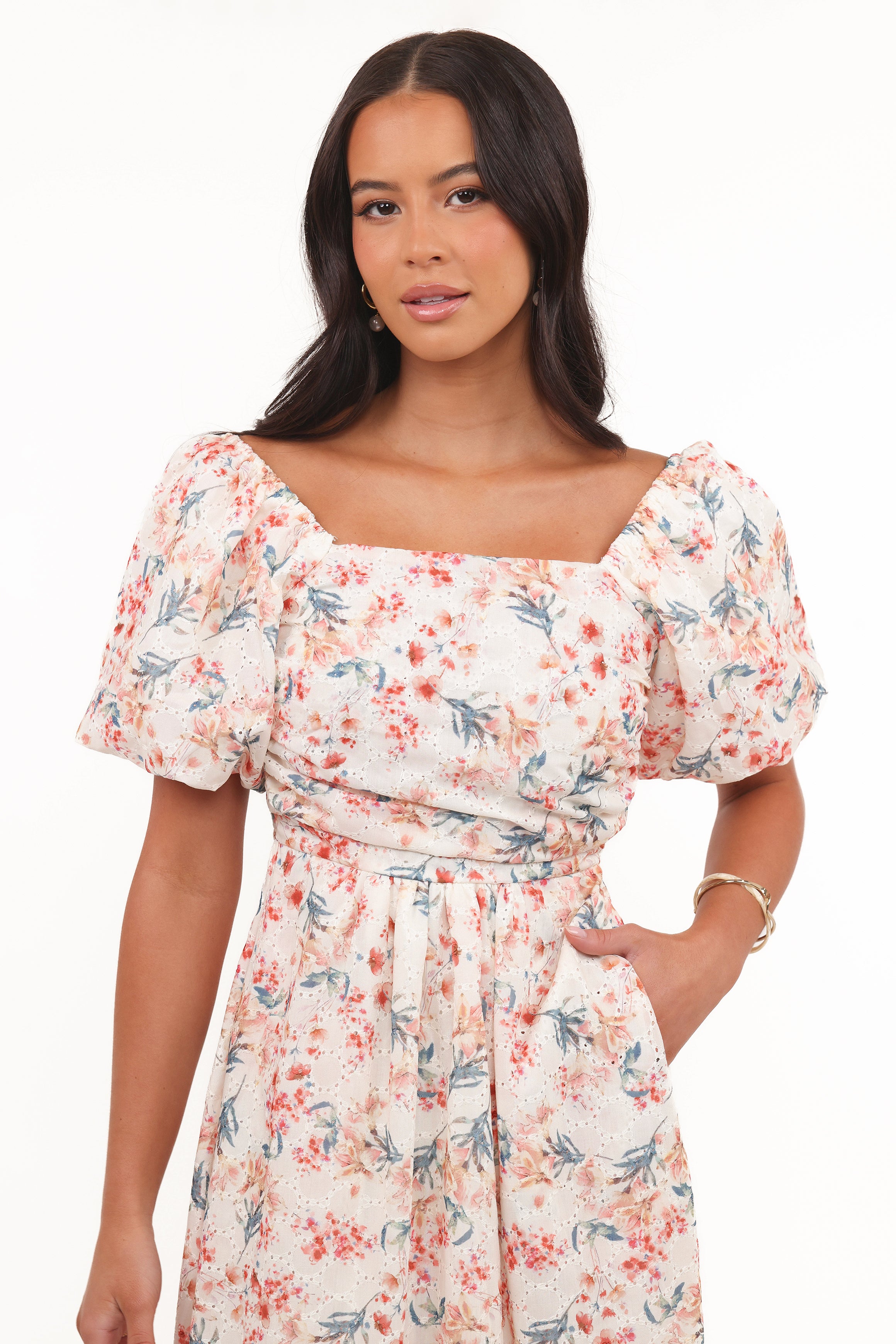 Clo Puff Sleeve Midi Dress - Ivory Floral