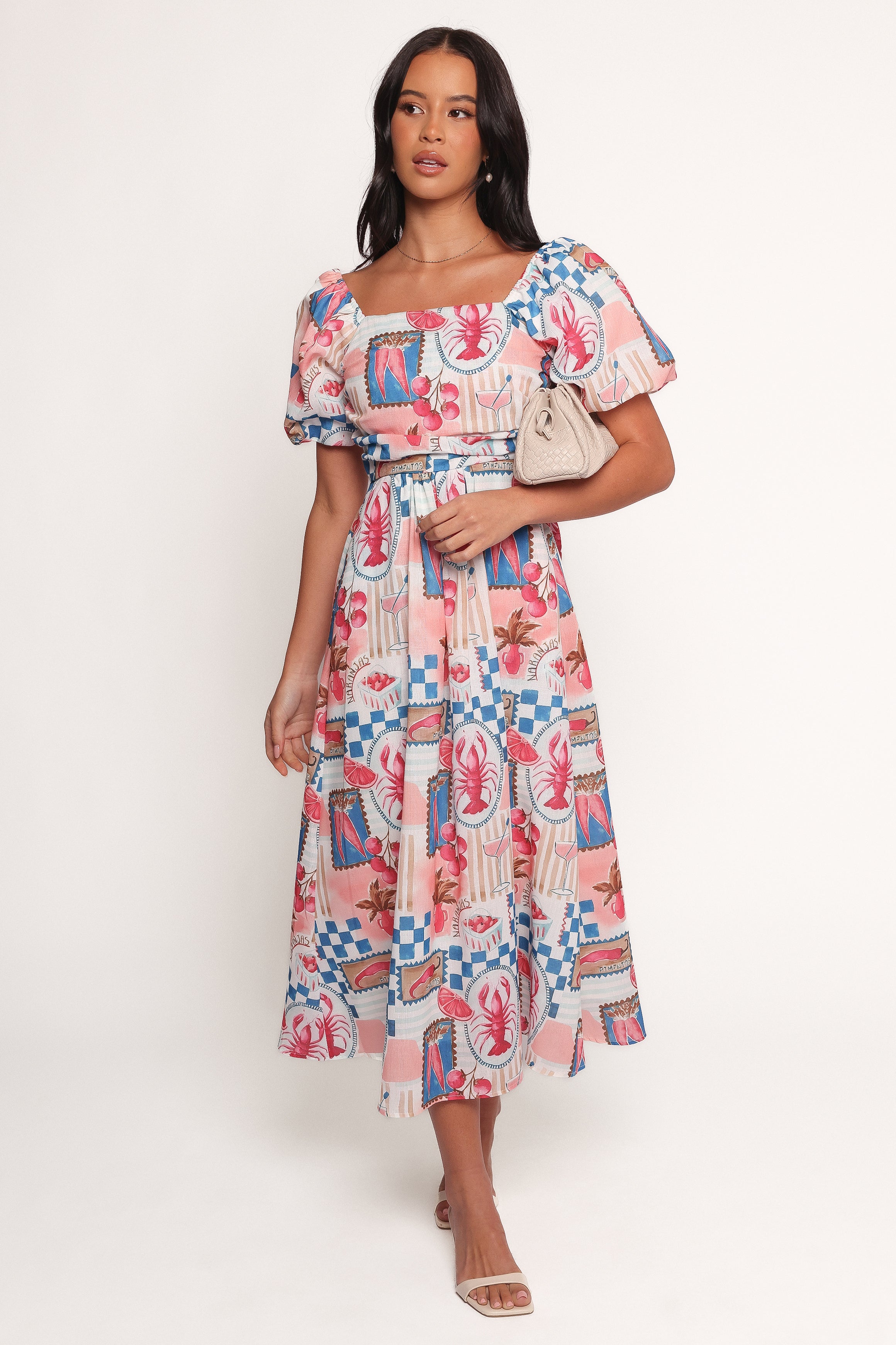 Clo Puff Sleeve Midi Dress - Pink Blue
