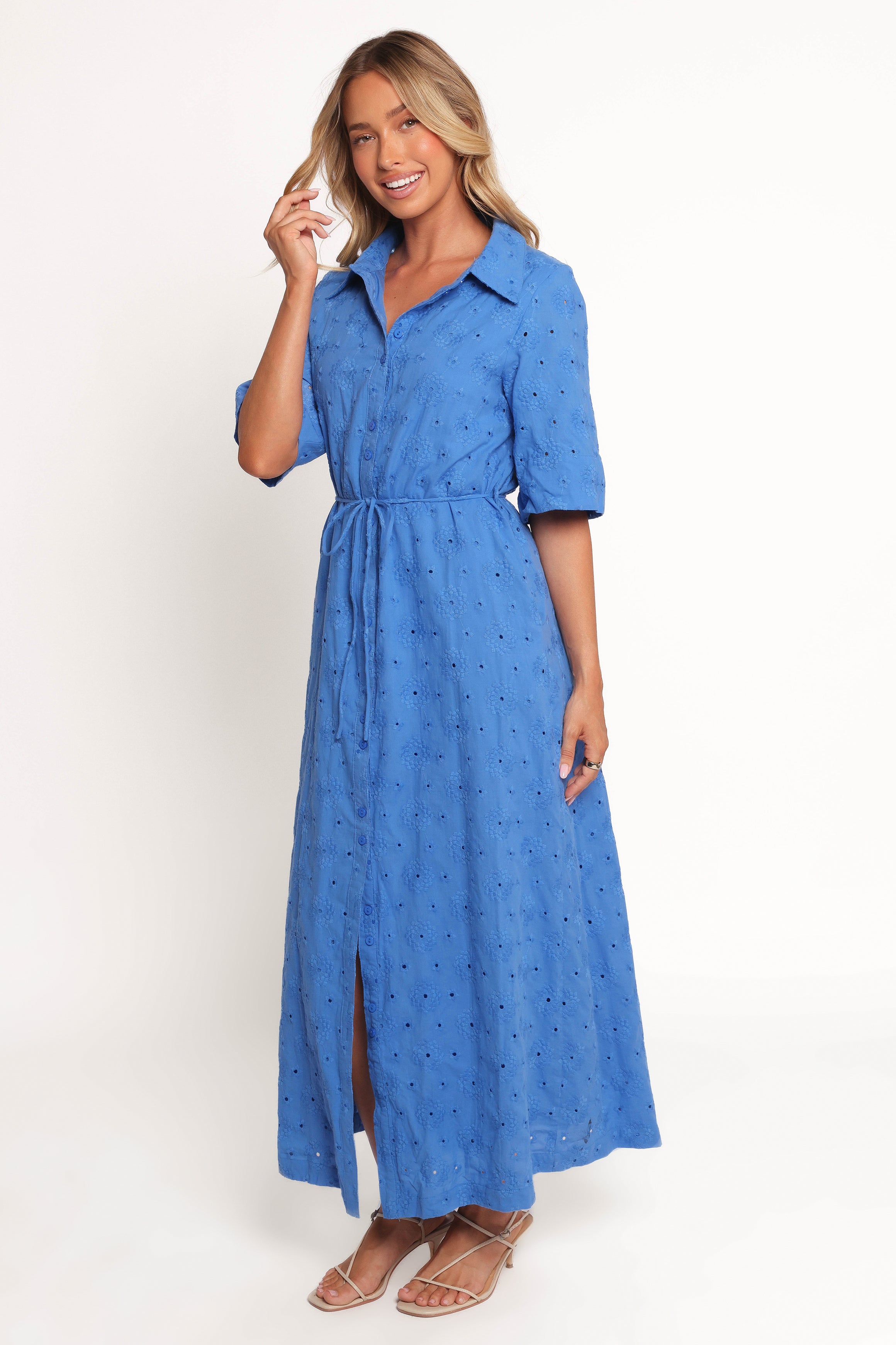 Cooper Embroidered Button Through Midi Dress - Cobalt