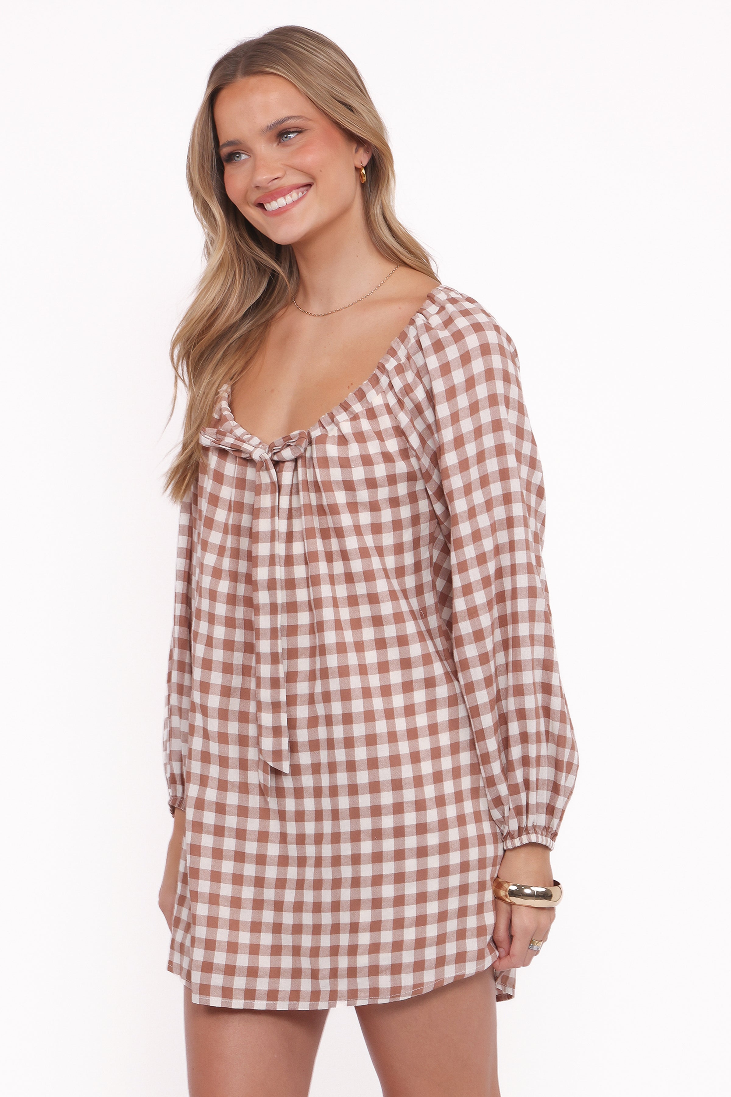 Costa Mini Dress - Tan Gingham