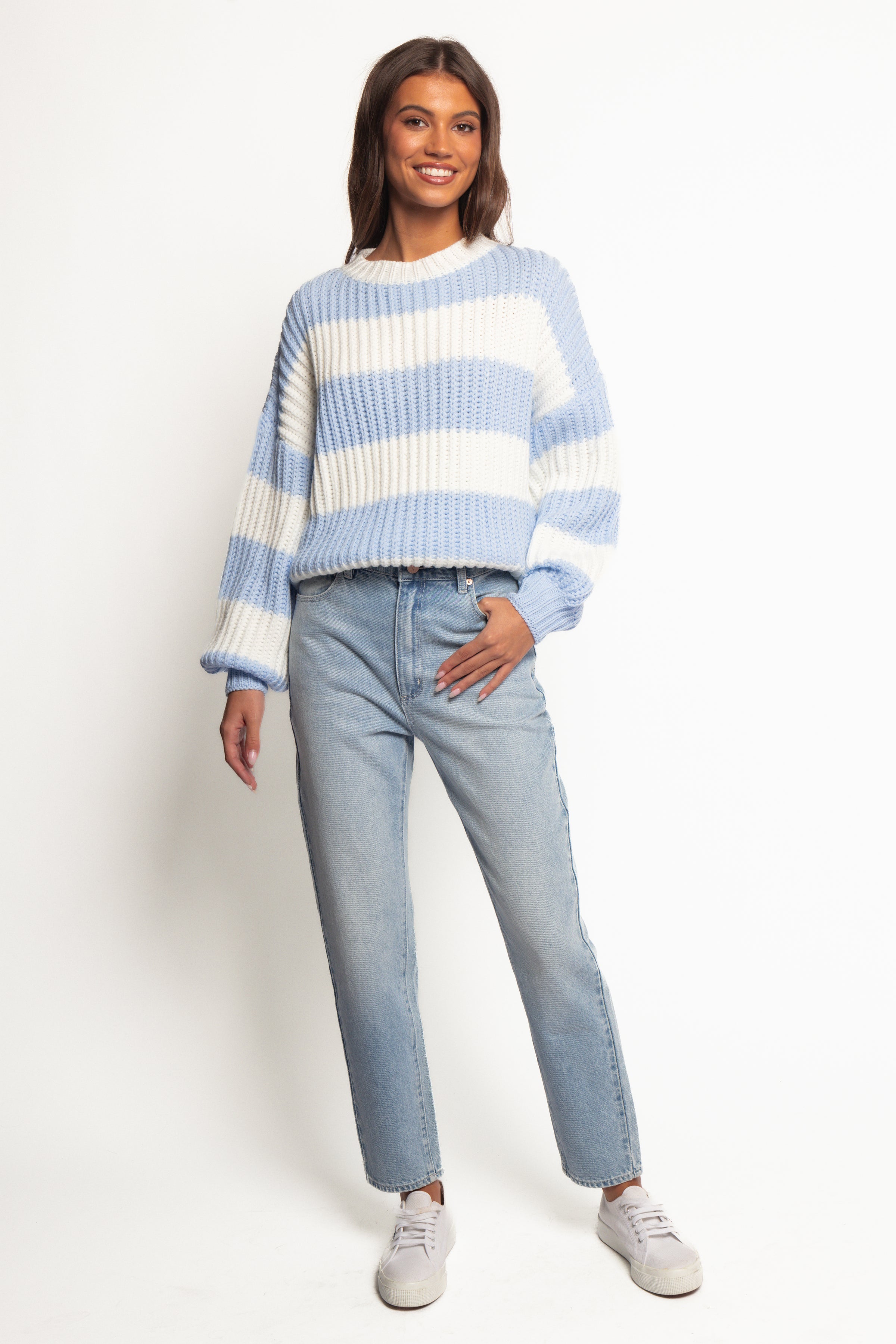 Courtney Thick Stripe Knit Sweater - Blue Cream