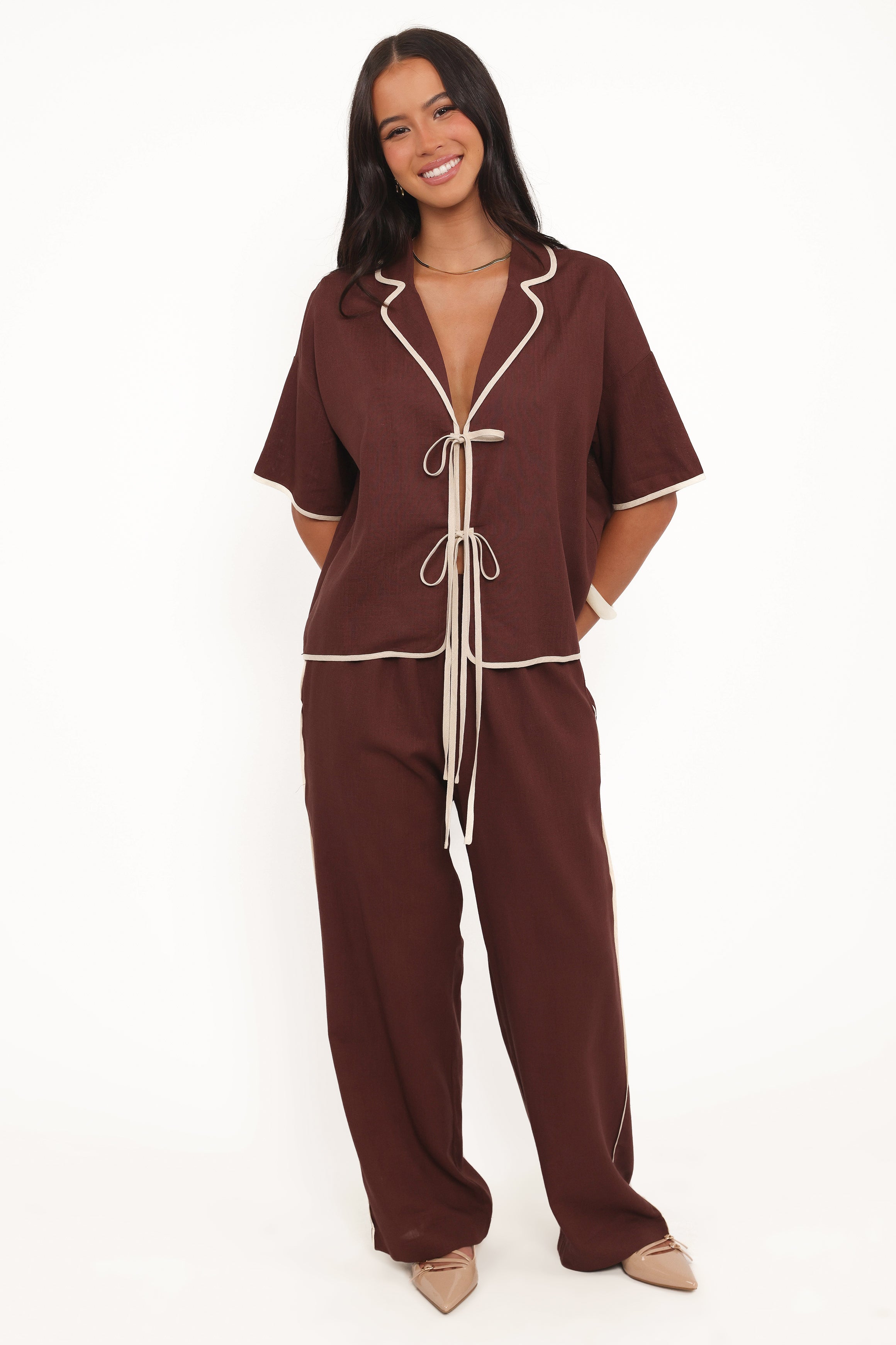 Dalton Tie Top - Brown Cream