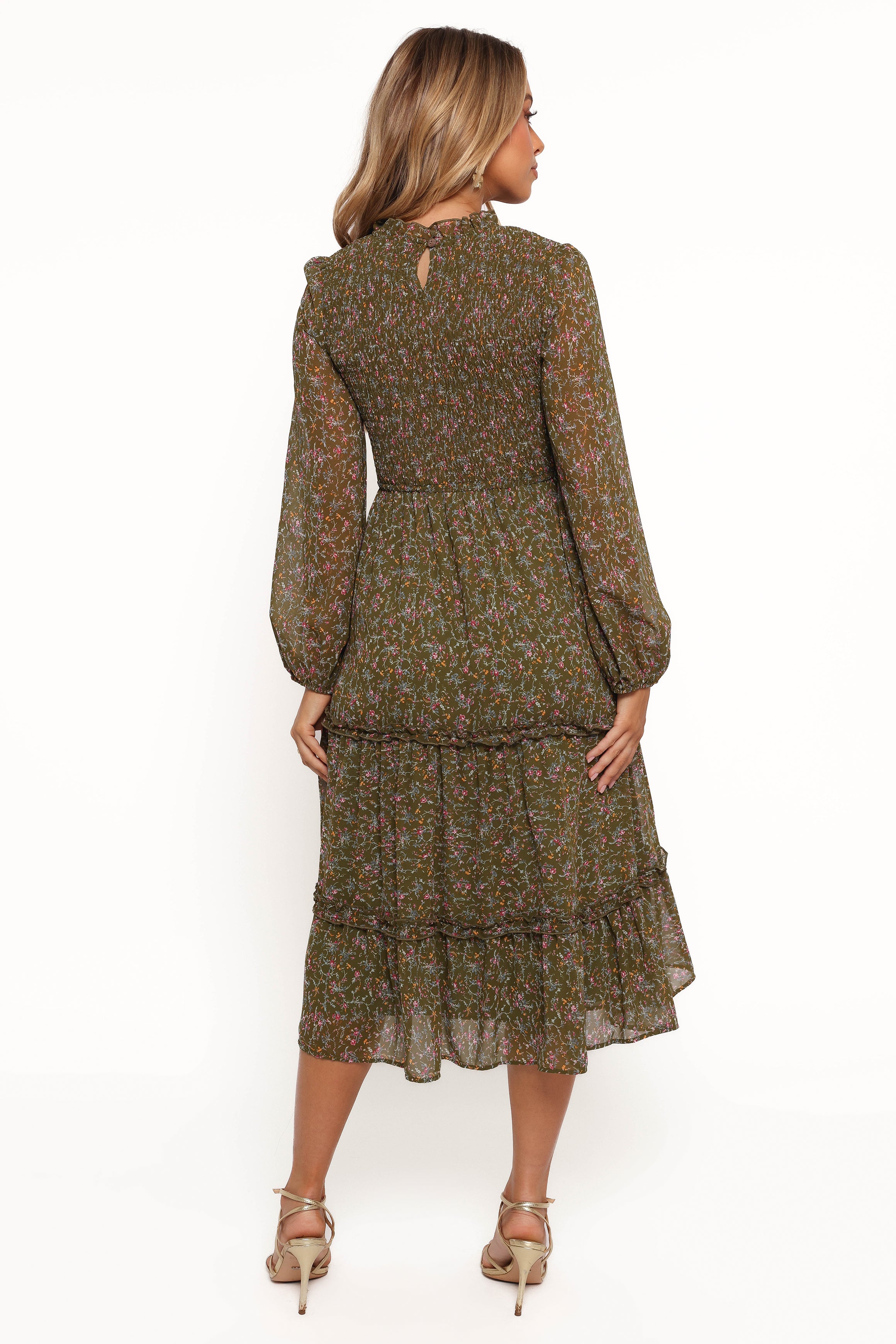 Edwina Shirred Frill Long Sleeve Midi Dress - Olive Floral