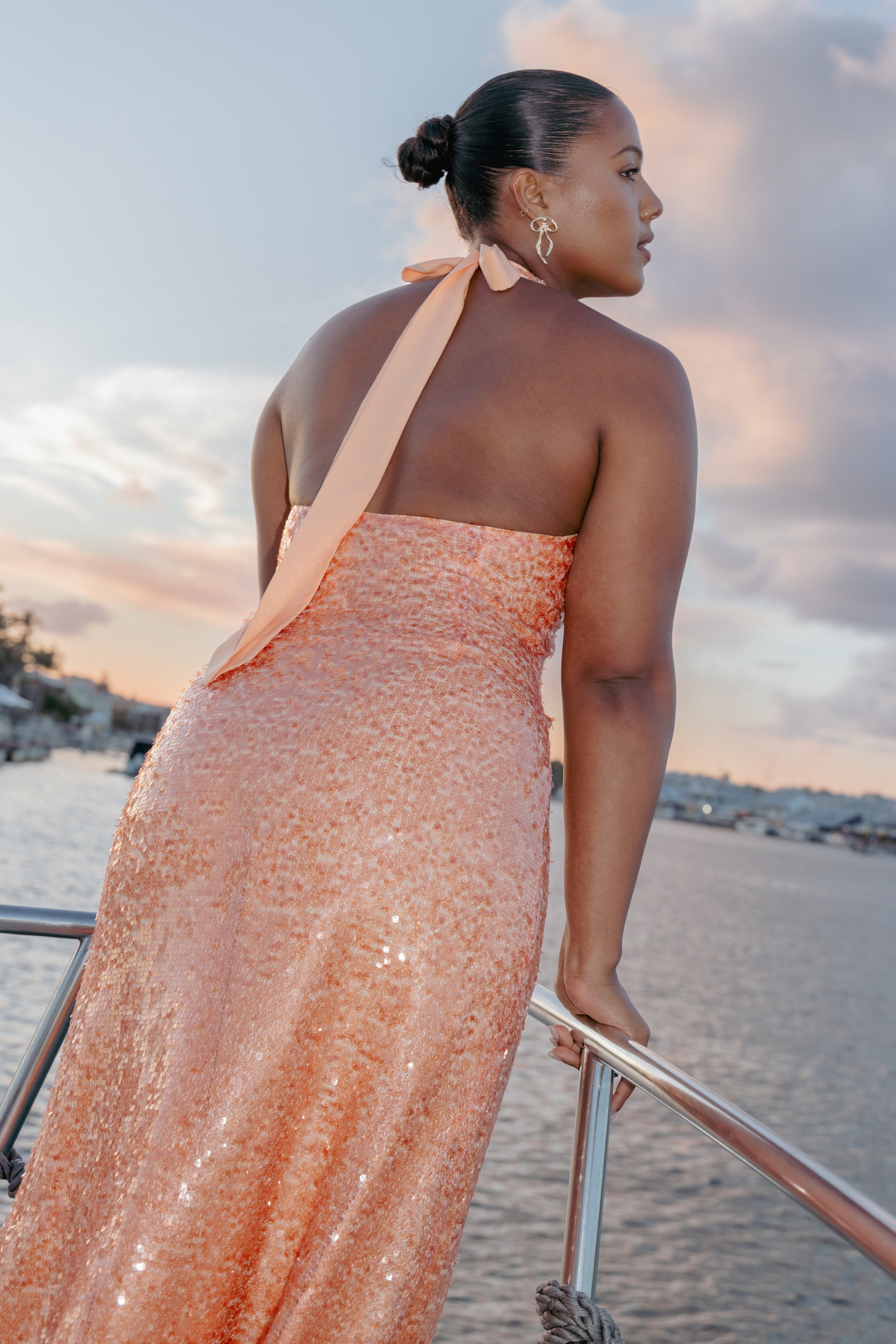 Eisley Halter Midi Dress - Orange Sequin