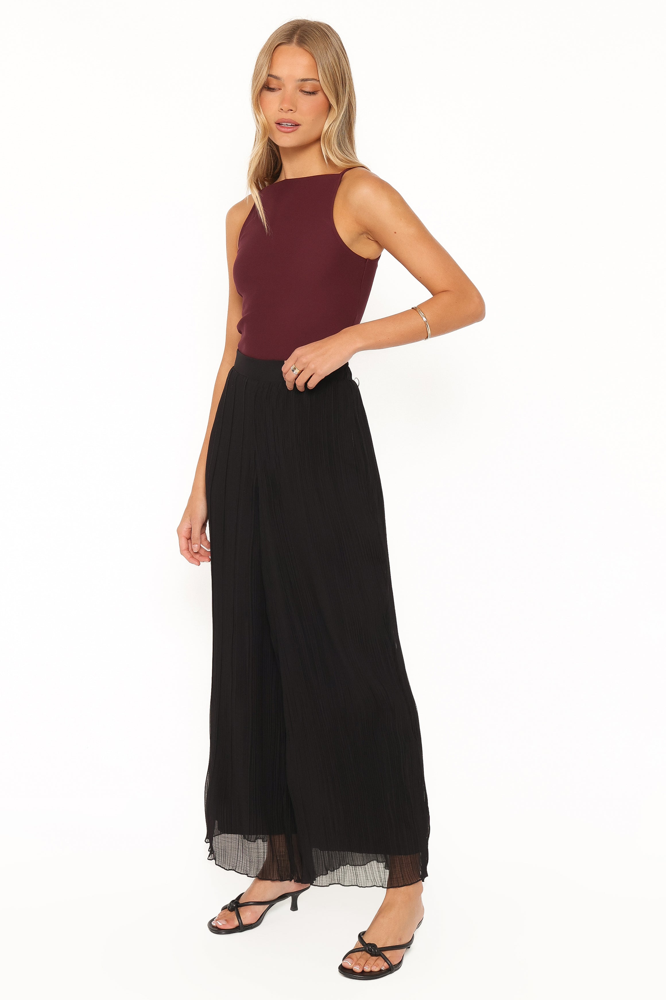 Elisa Wide Leg Plisse Pants - Black