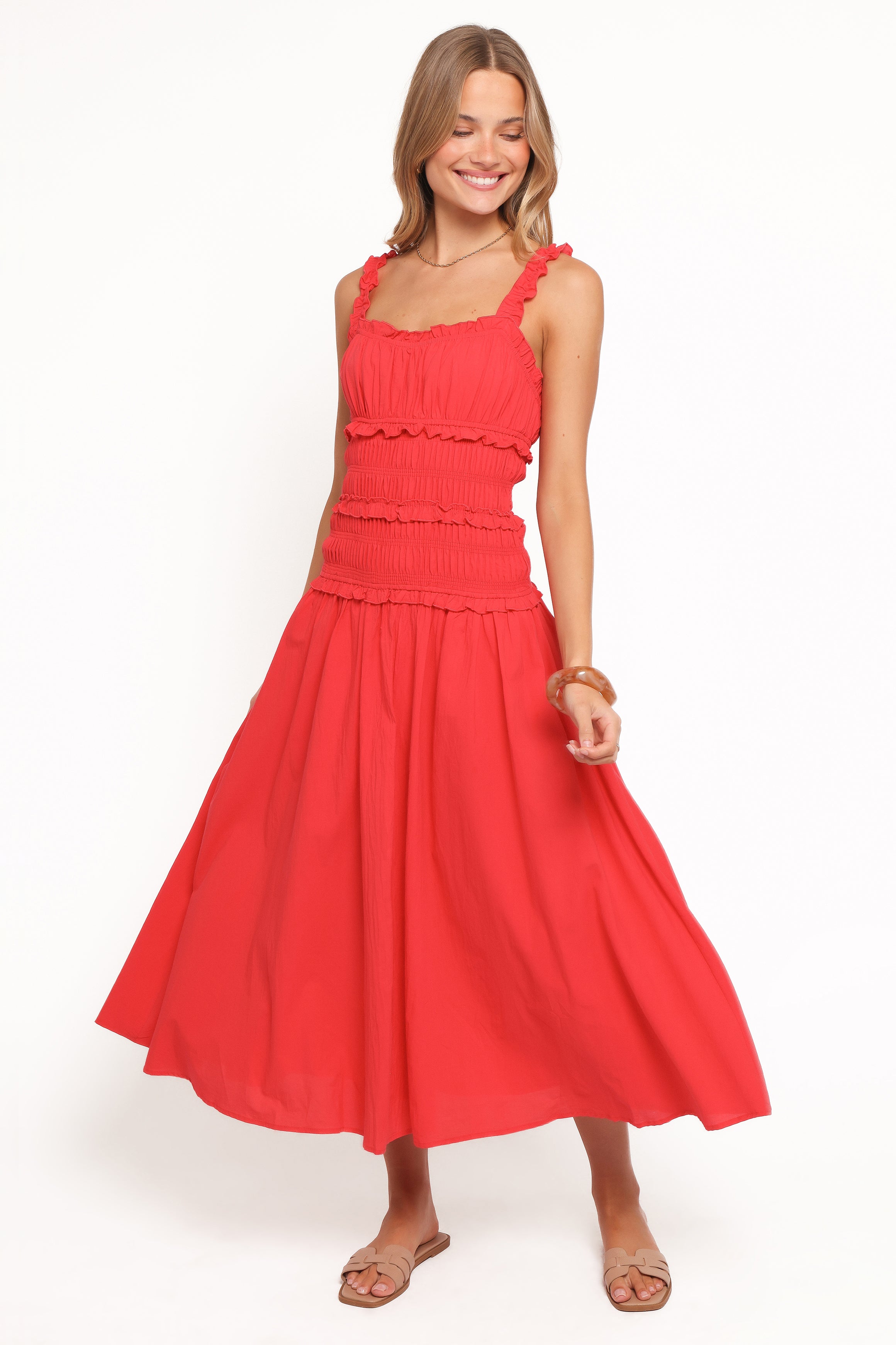 Enola Gather Midi Dress - Red
