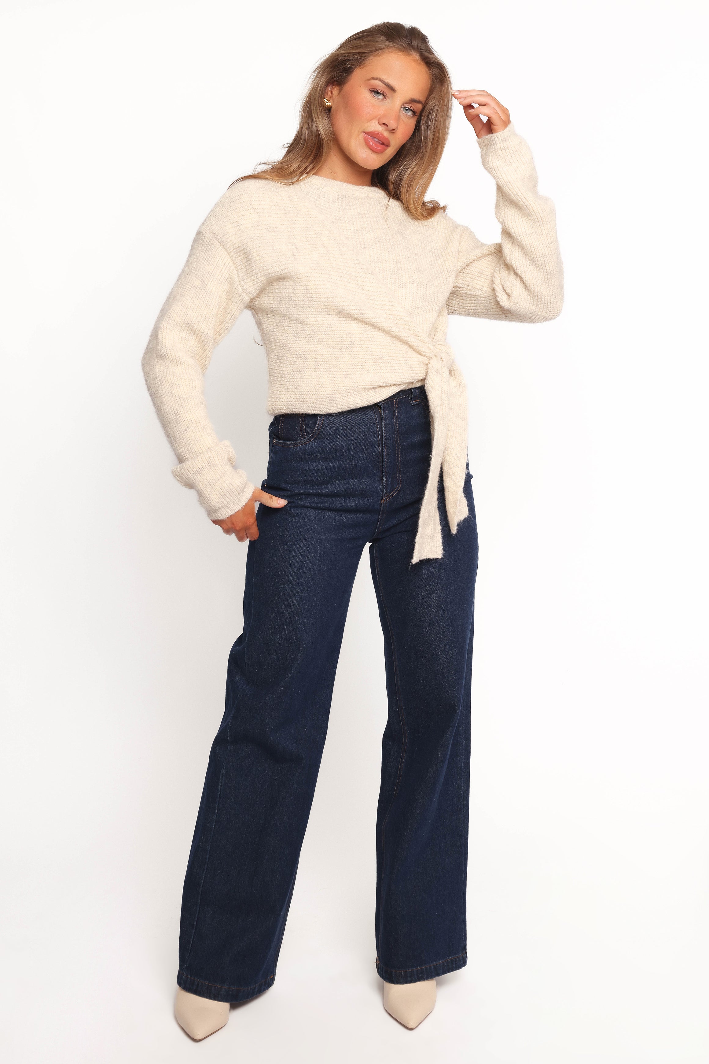 Ettie Wrap Side Tie Knit Sweater - Oatmeal