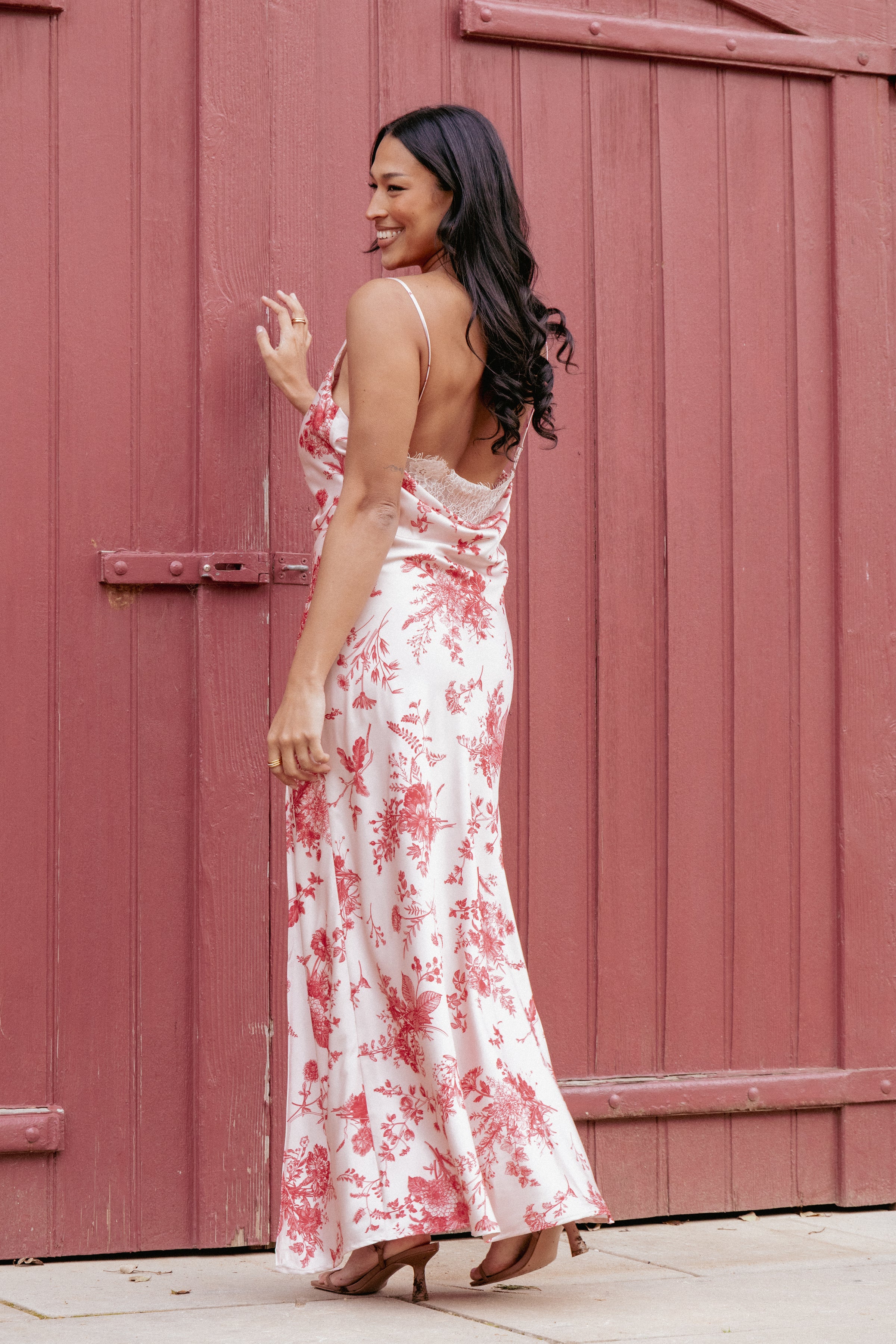 Evana Lace Maxi Dress - Red Floral
