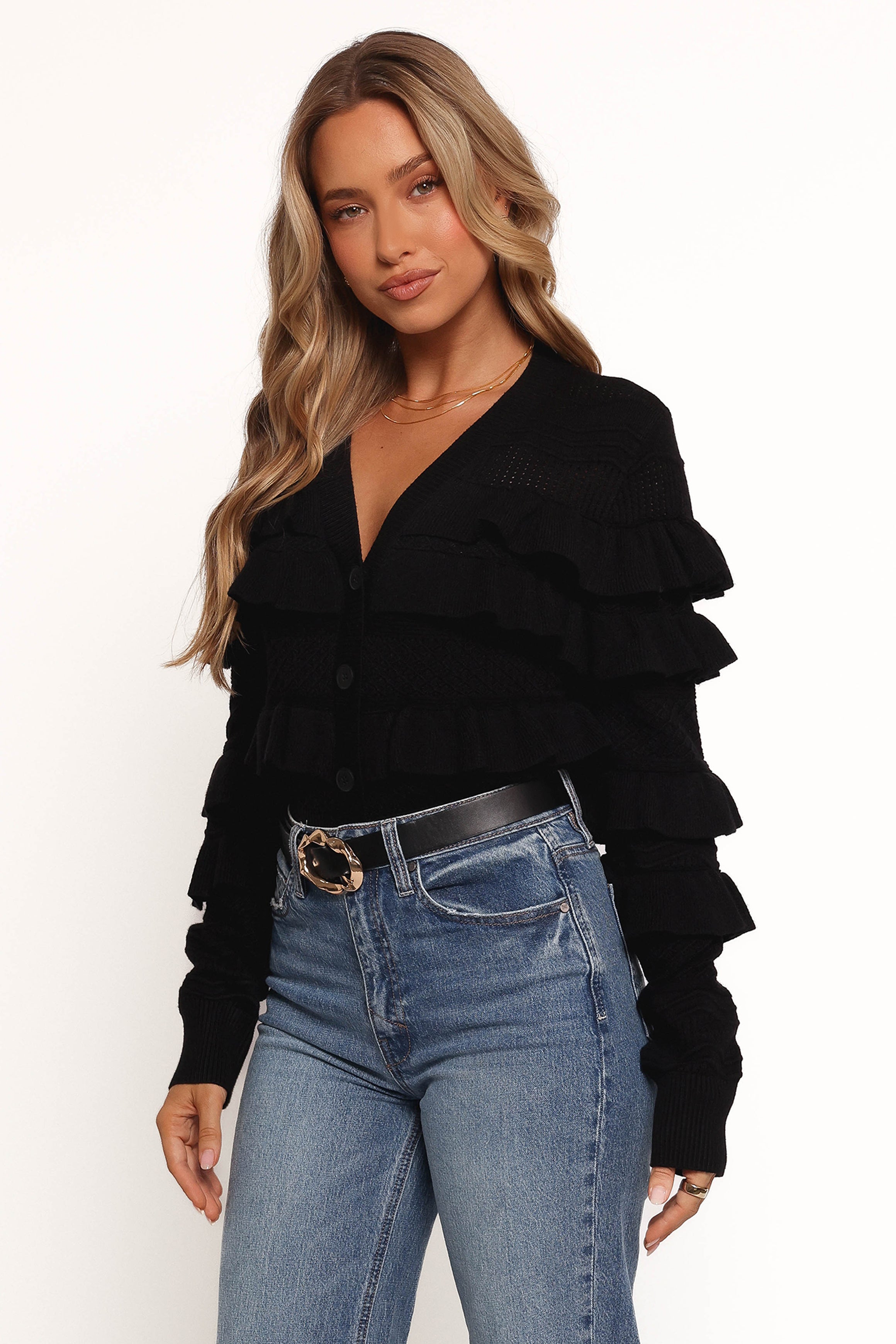 Hayworth Ruffle Detail Cardigan - Black