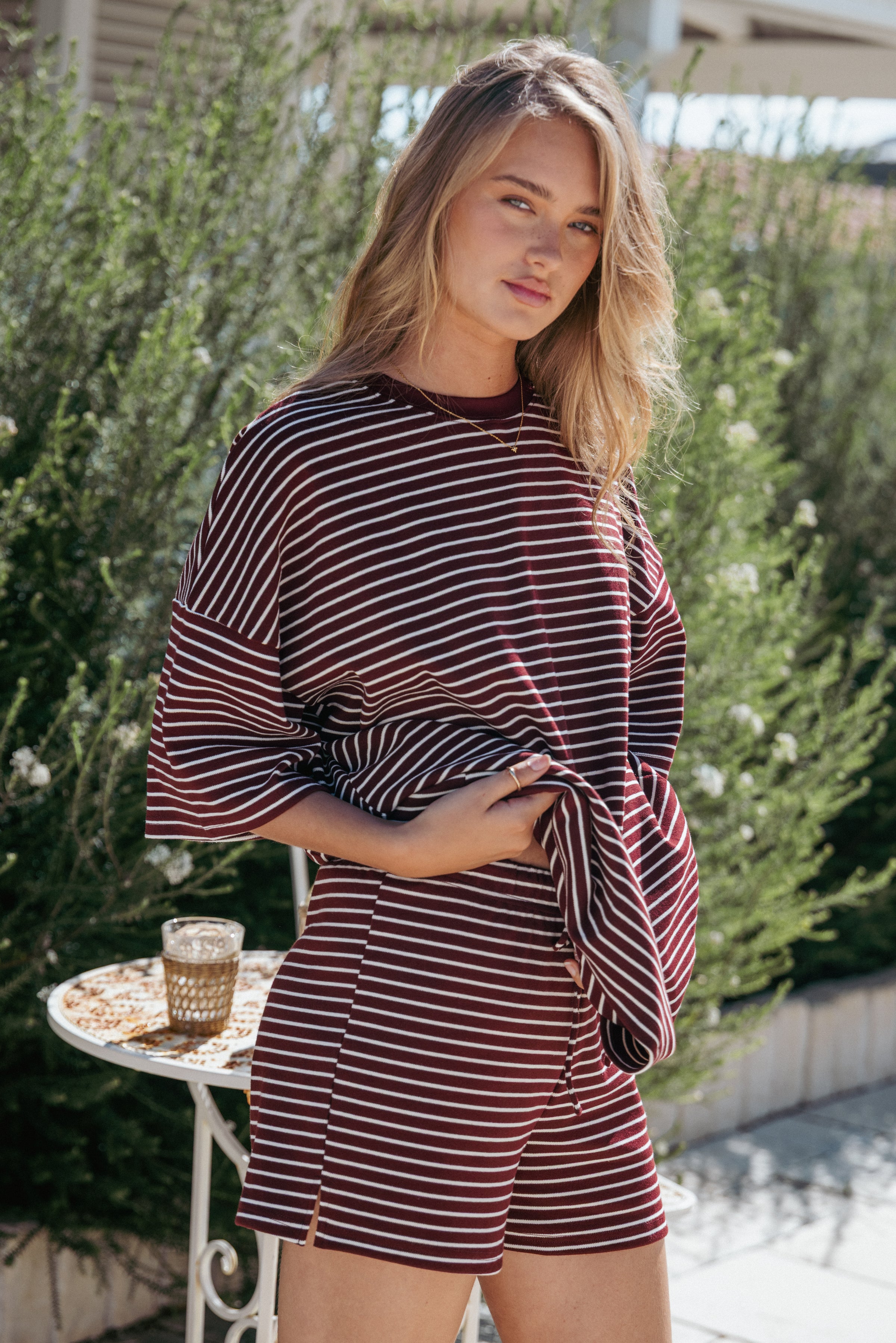 Hellen Stripe Short Set - Burgundy Cream Stripe