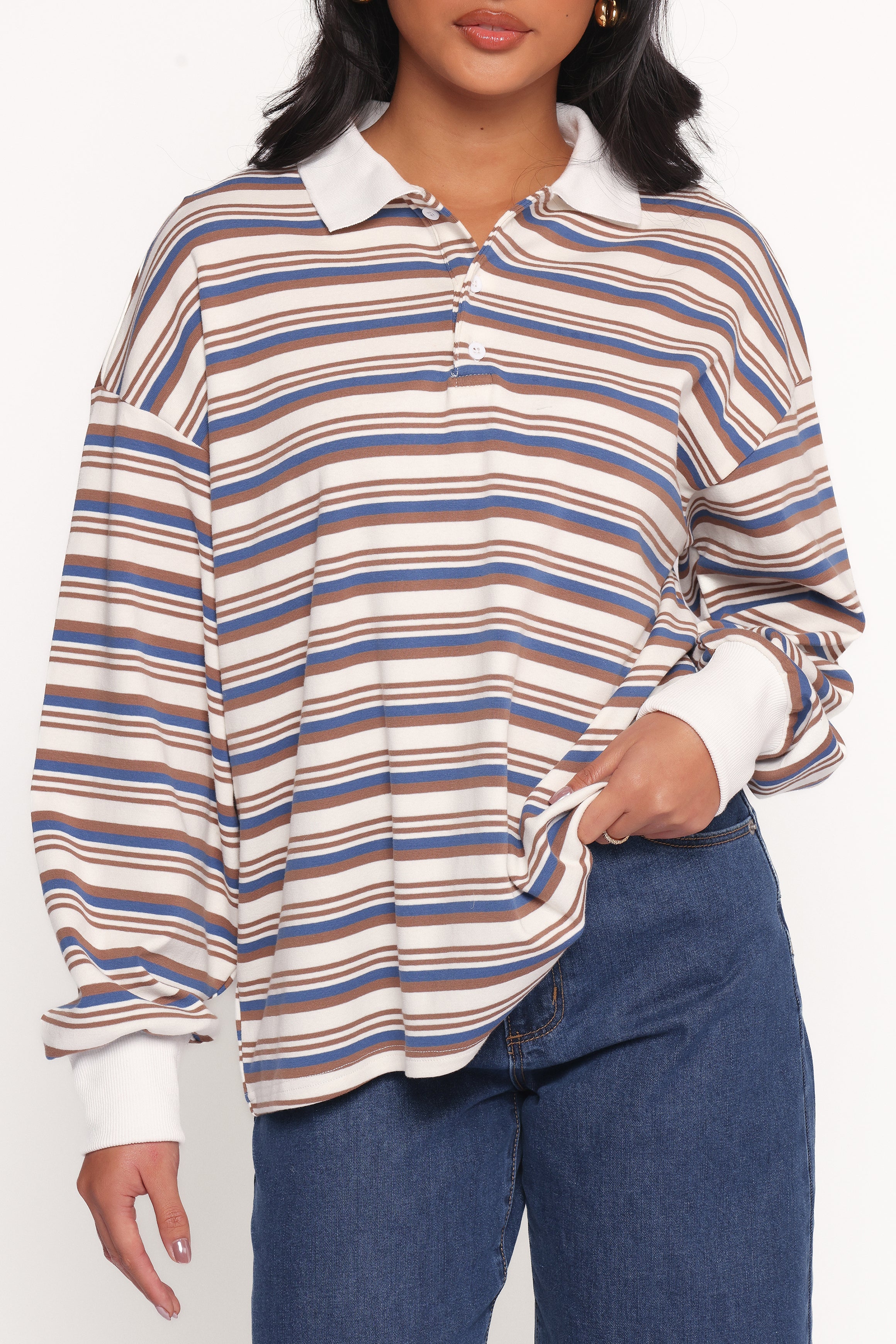 Jayden Striped Collar Knit Sweater - Brown Stripe