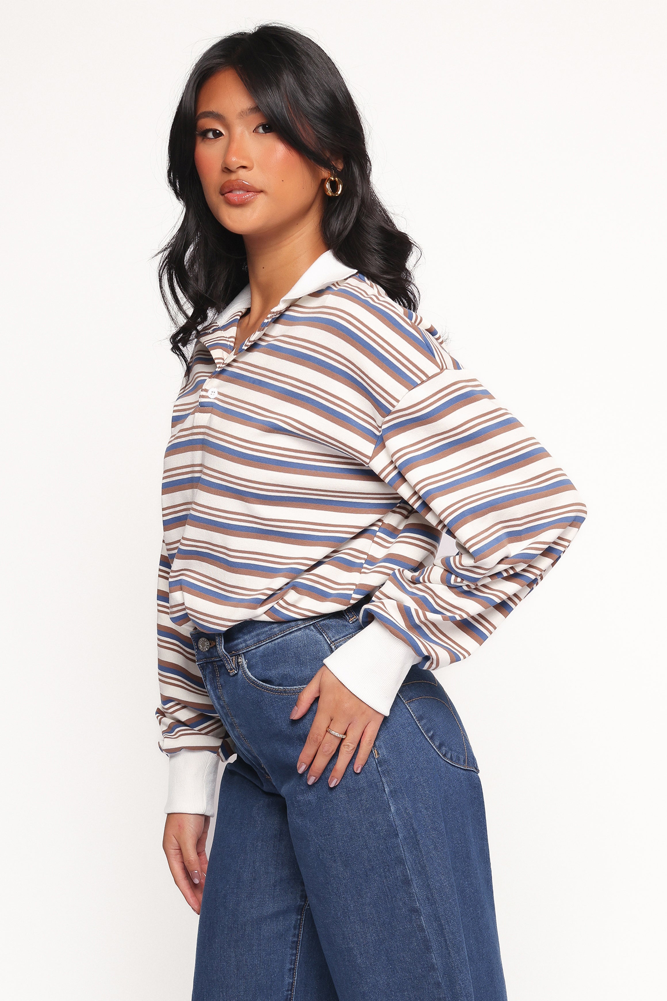 Jayden Striped Collar Knit Sweater - Brown Stripe