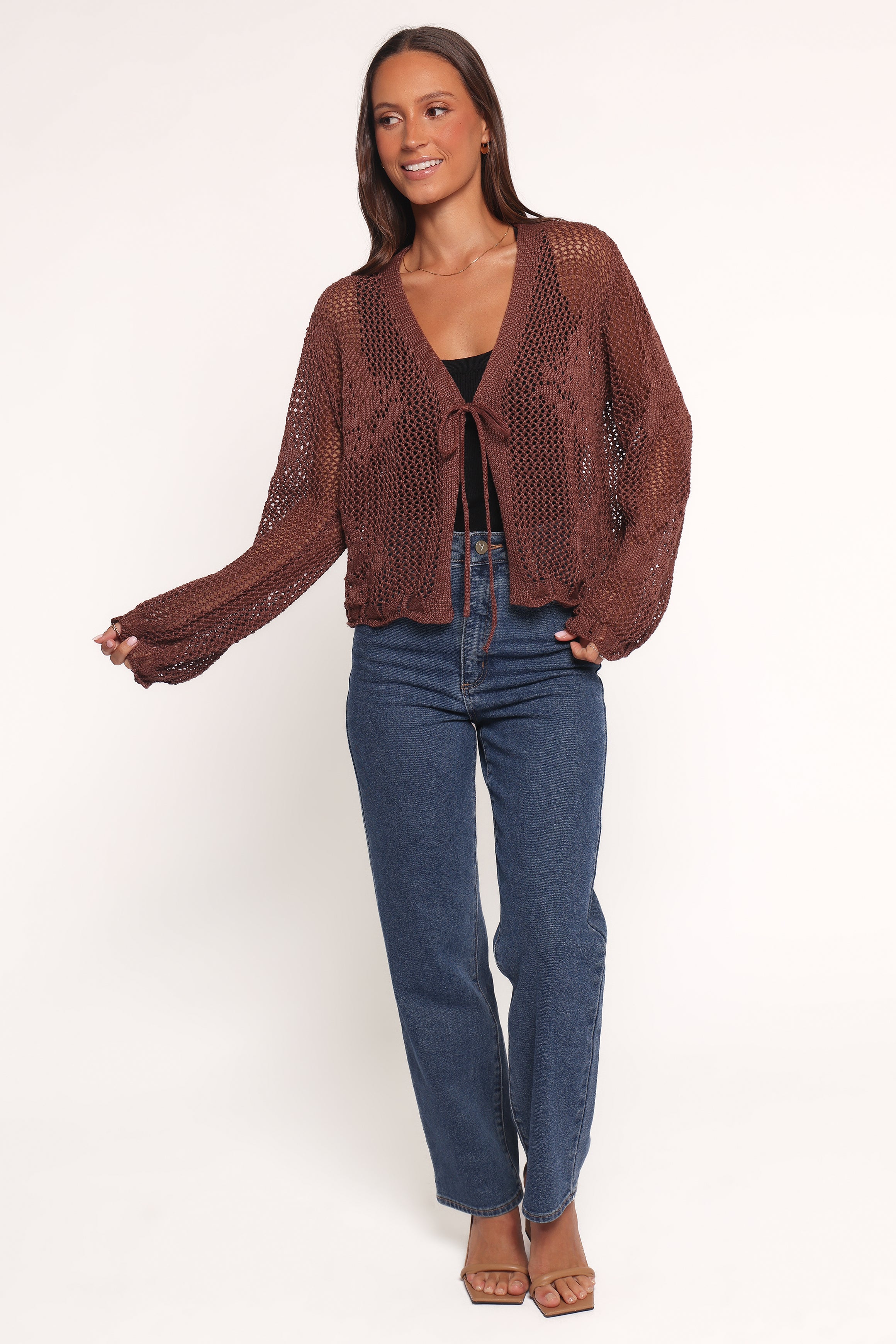 Jeniper Tie Front Flower Cardigan - Brown