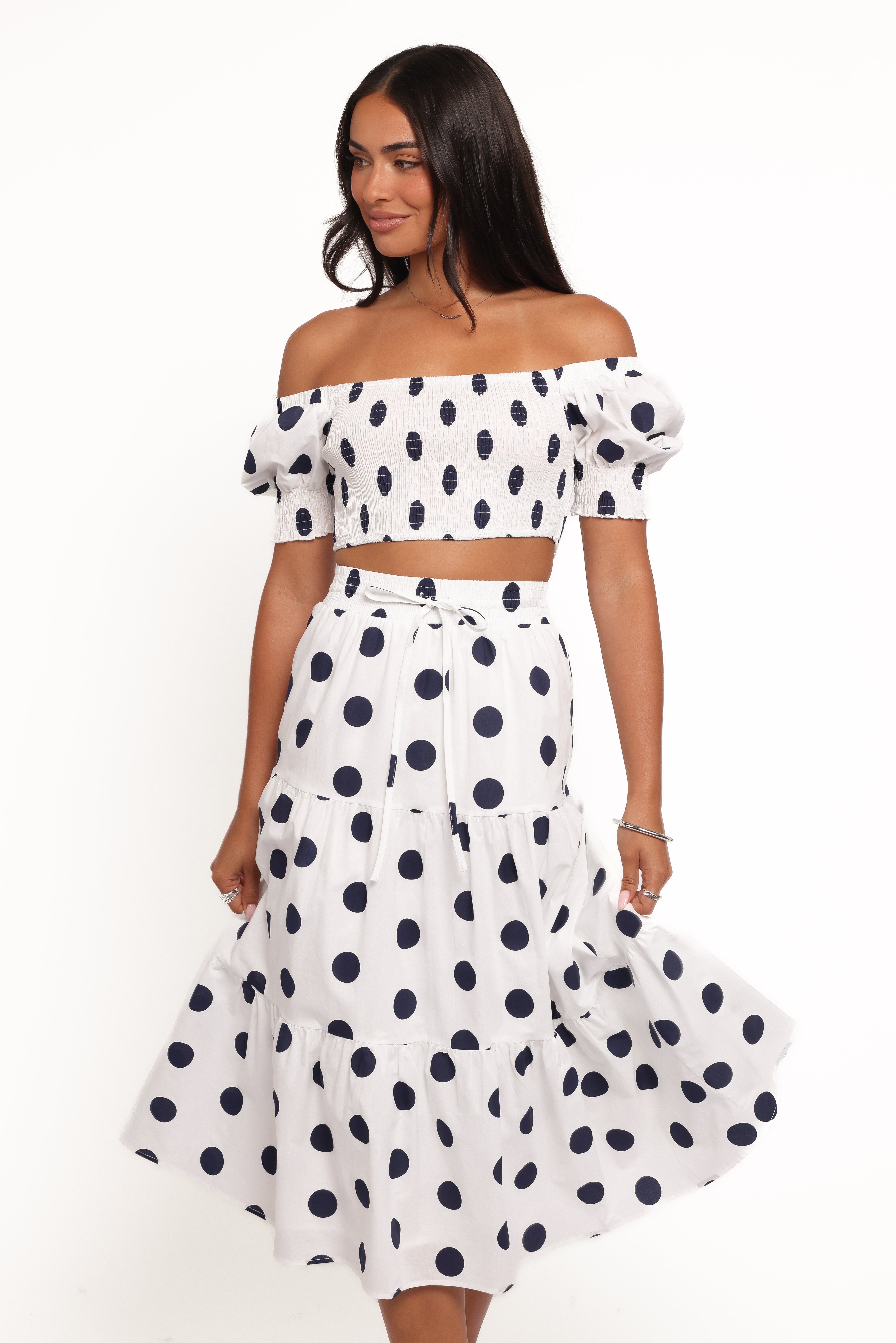 Jenny Midi Skirt Set - Navy Polka Dot