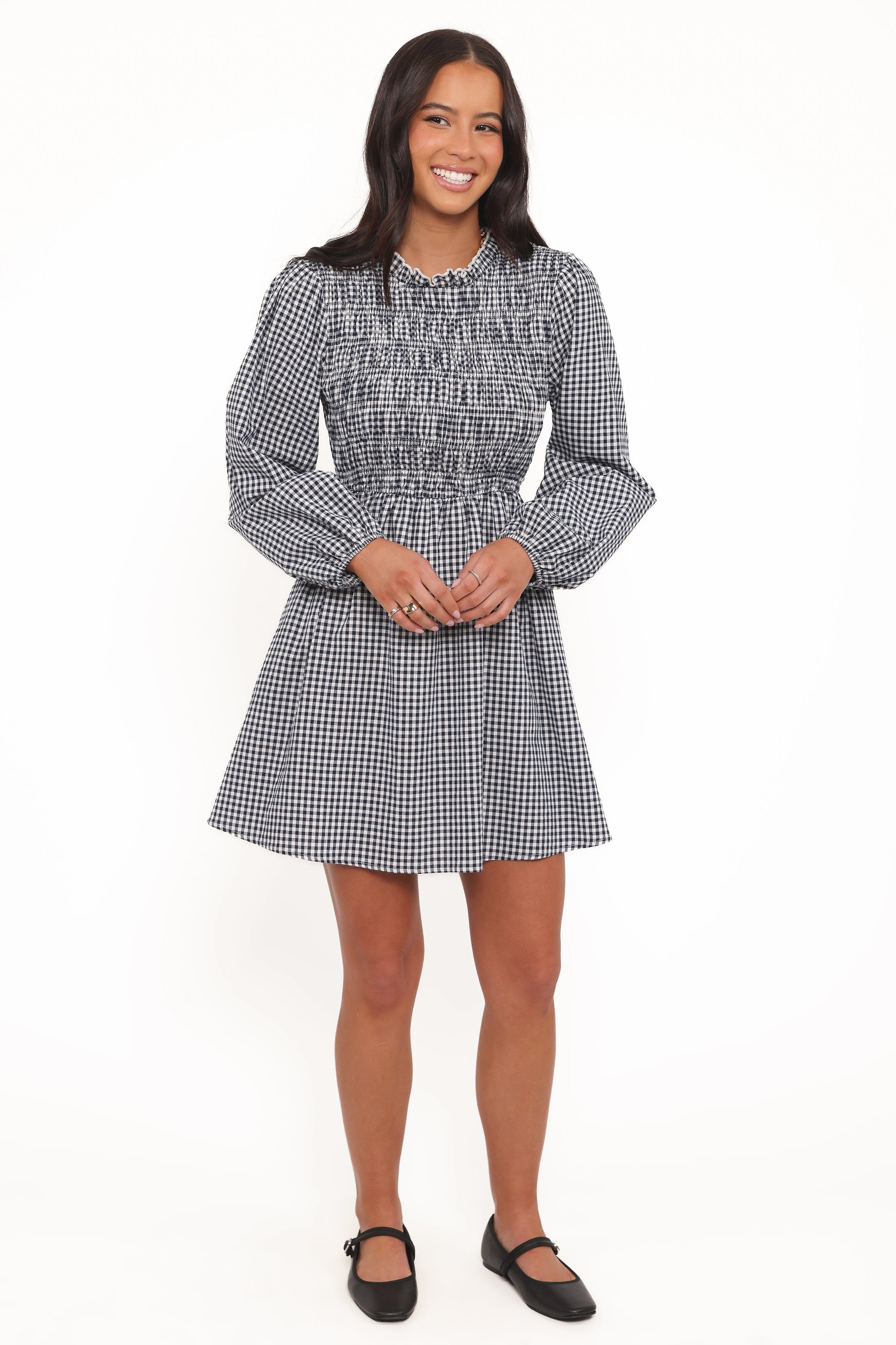 Jessen Long Sleeve Mini Dress - Navy Gingham