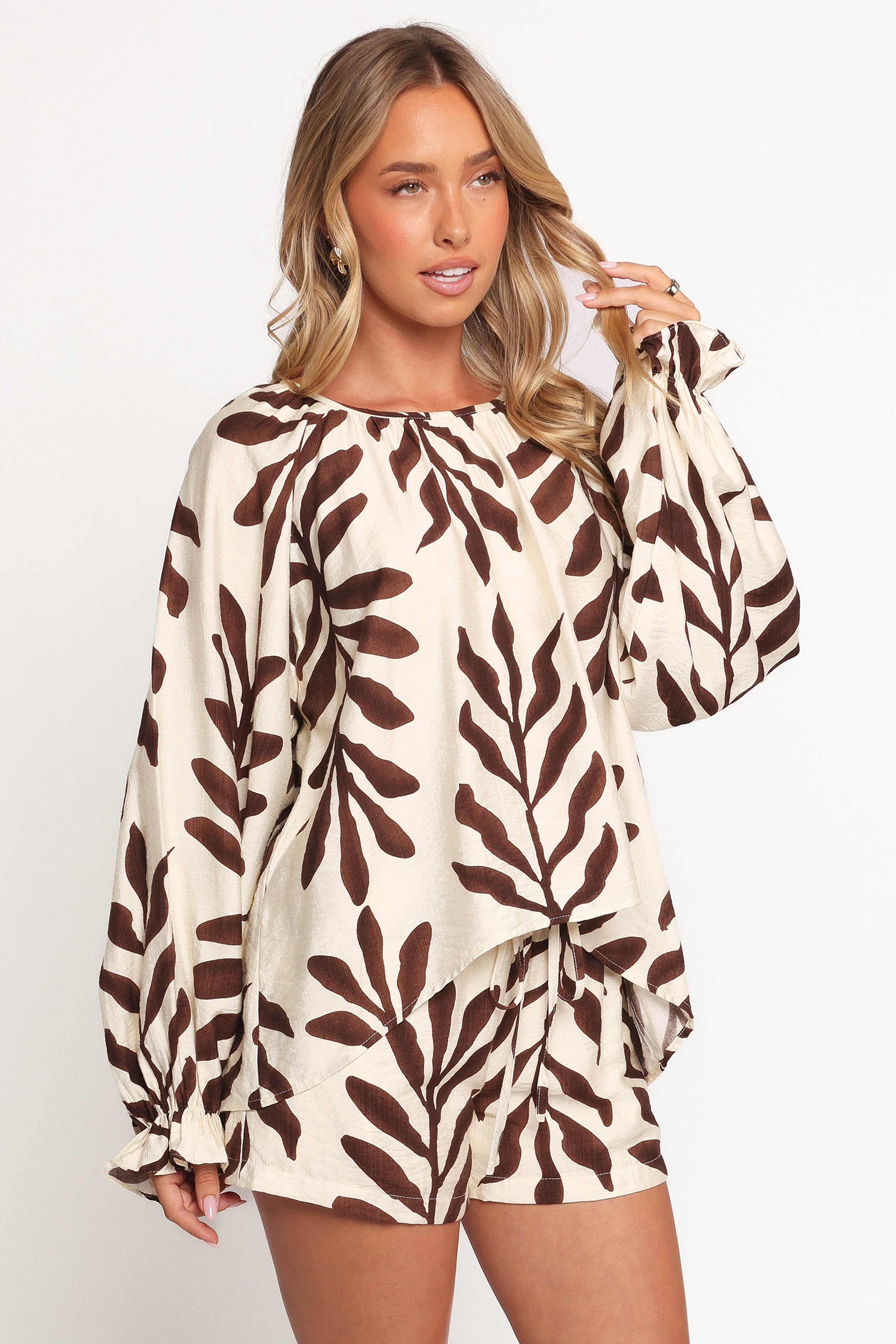 July Long Sleeve Smock Top - Brown Palm
