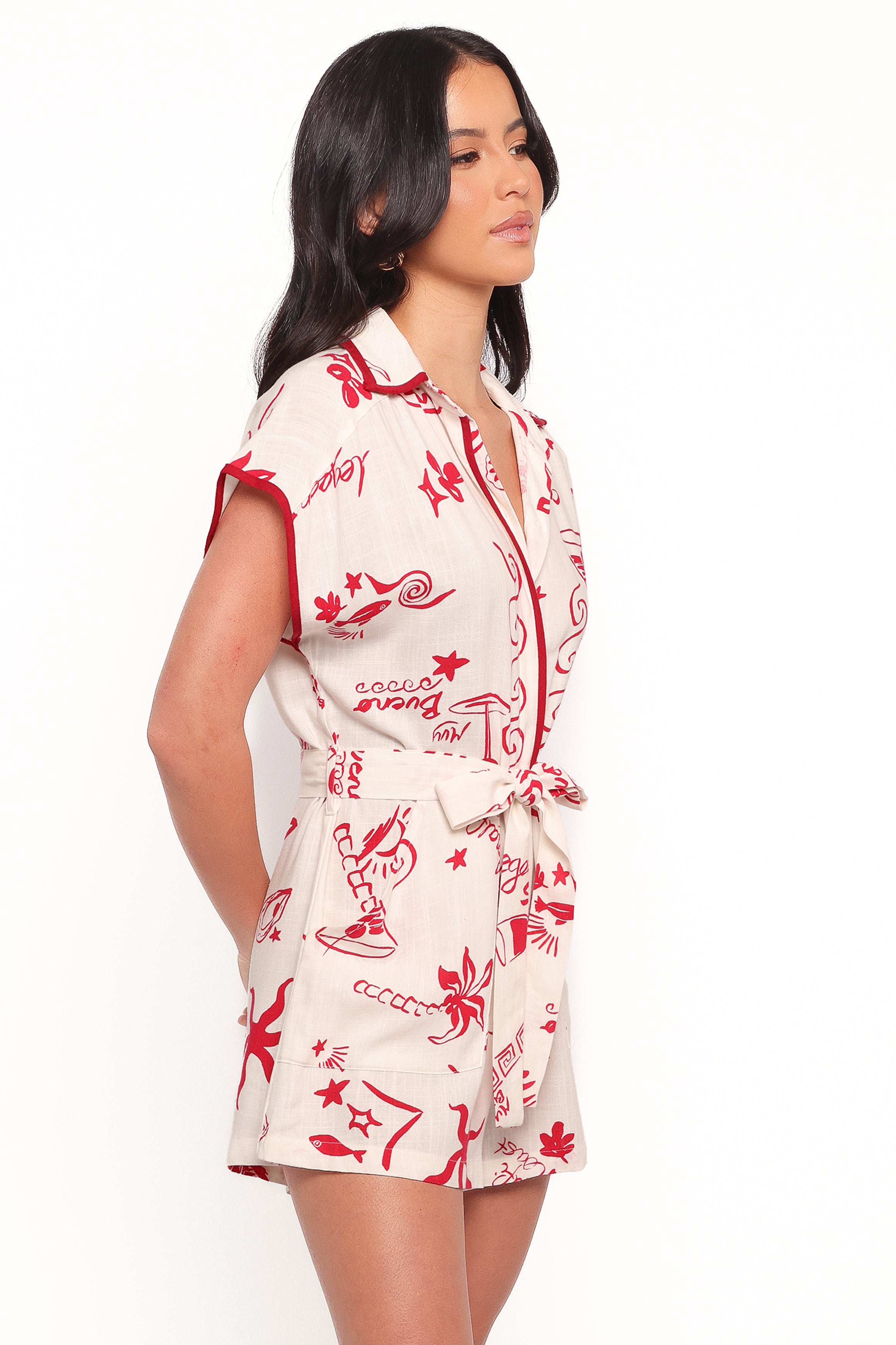 Kensie Tie Waist Playsuit - Red