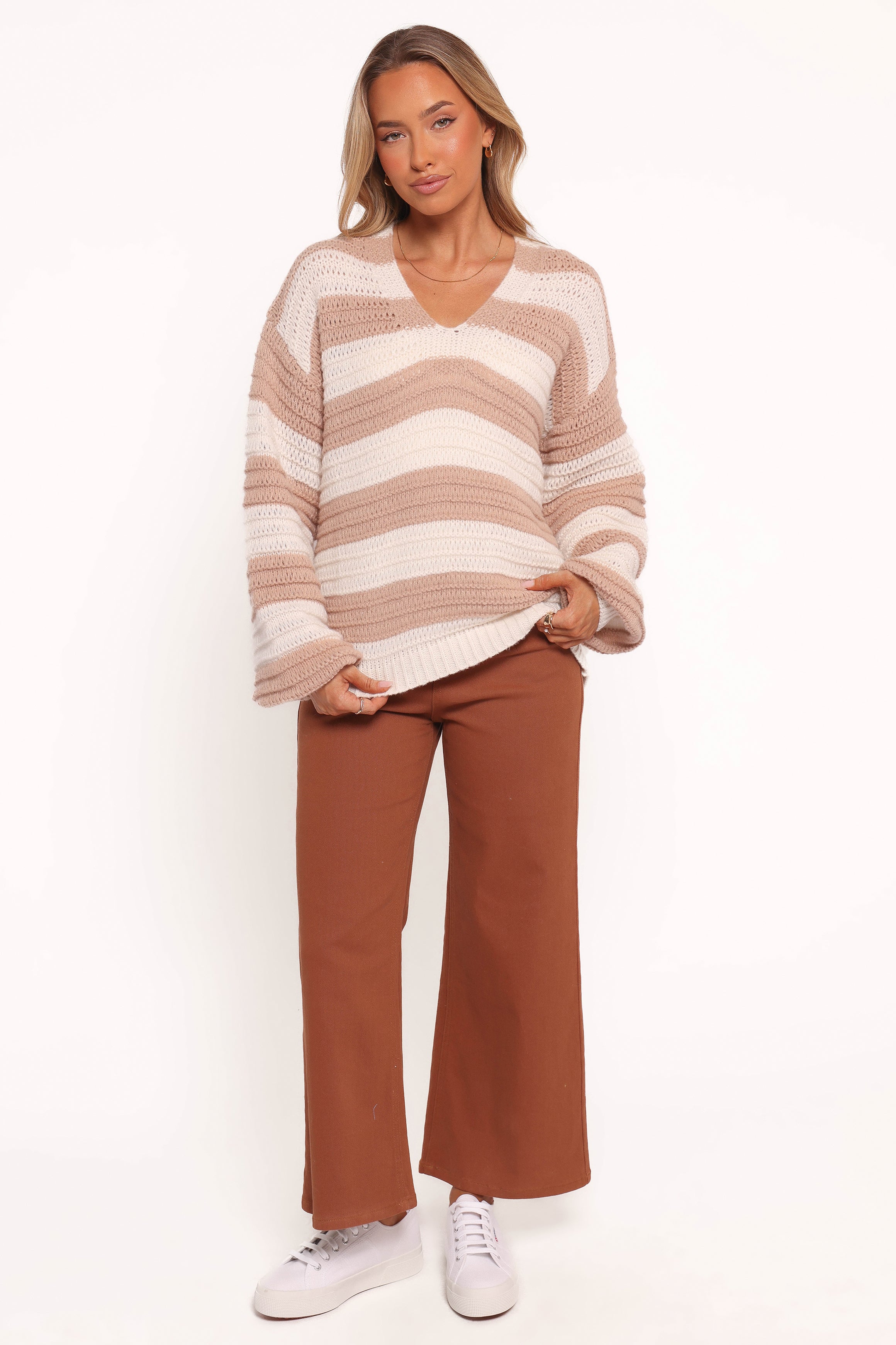 Kimber Striped Crewneck Knit Sweater - Beige Stripe