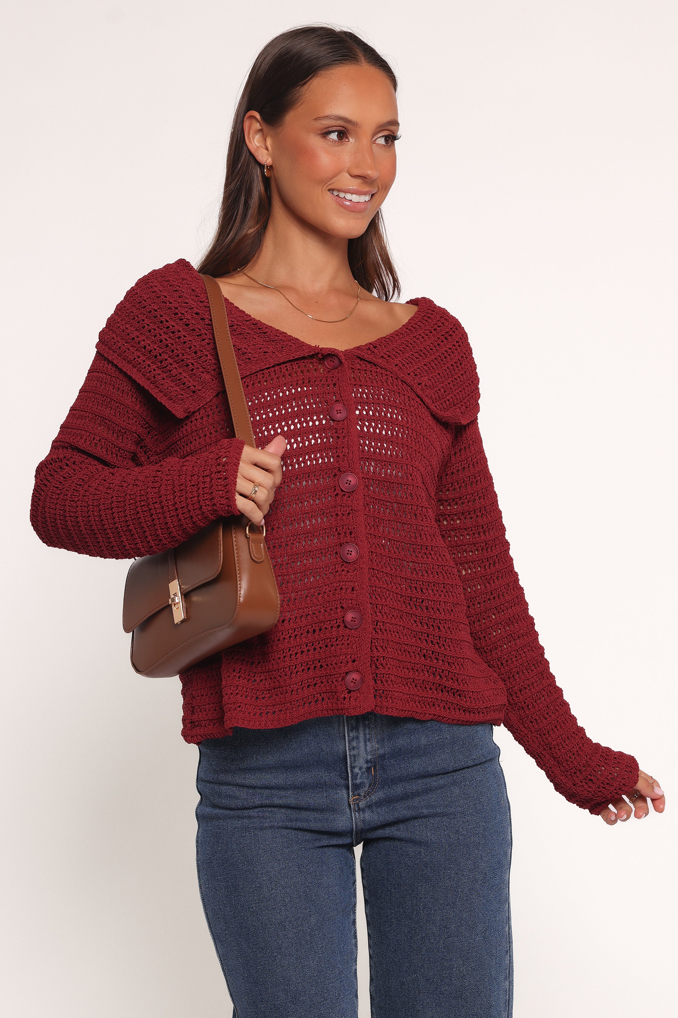 Lyra Large Collar Cardigan - Burgundy