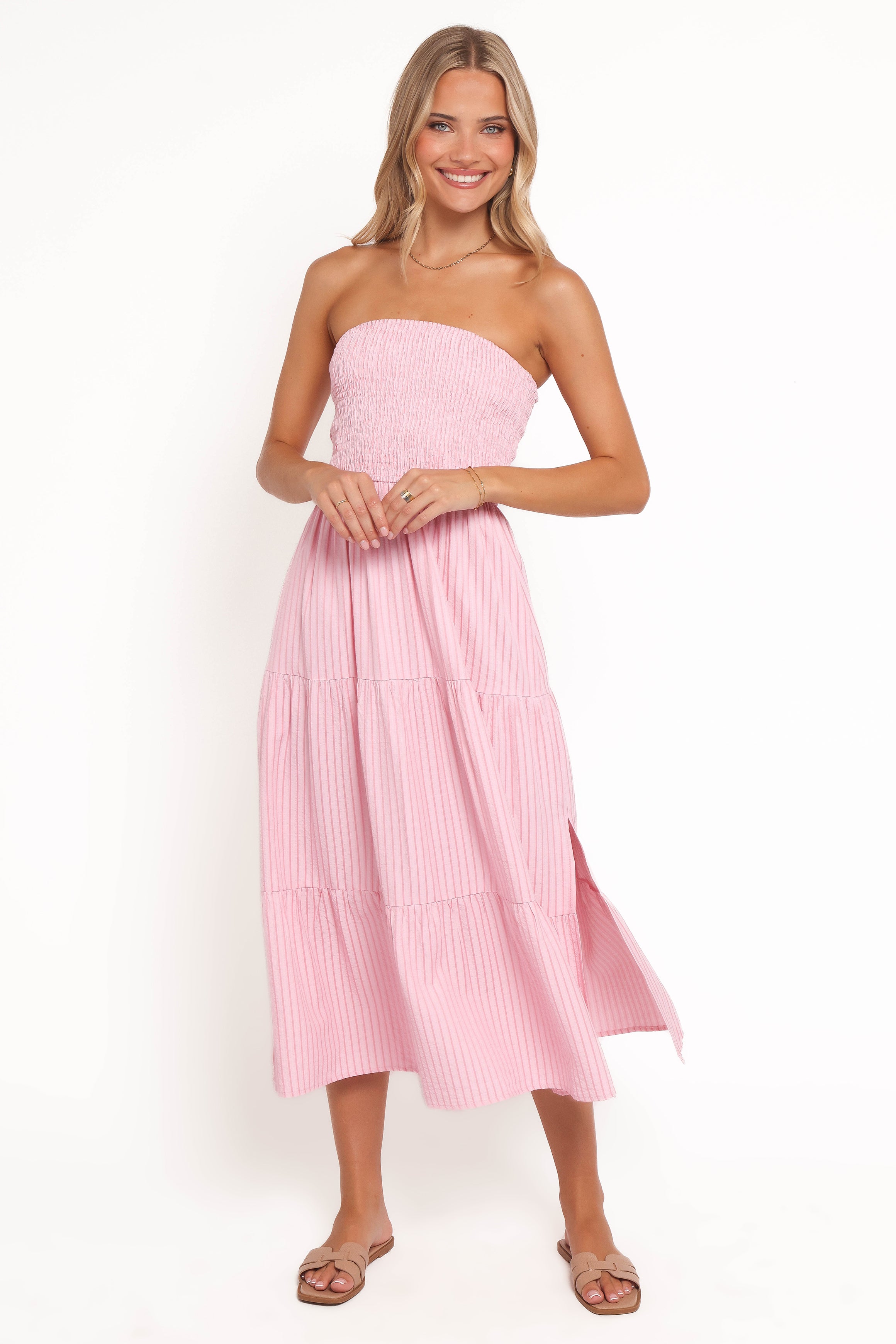 Maisie Strapless Midi Dress - Pink Stripe