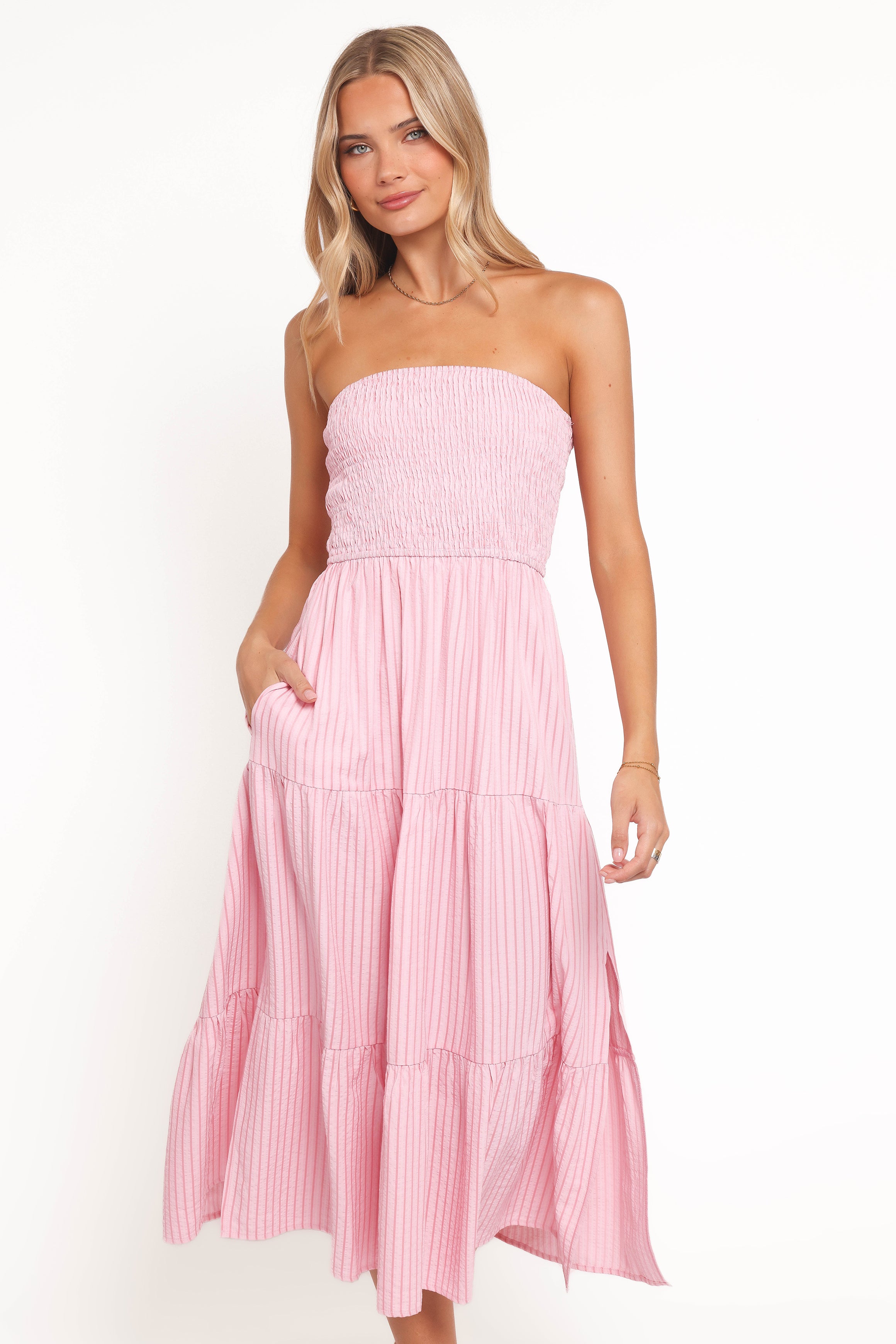 Maisie Strapless Midi Dress - Pink Stripe