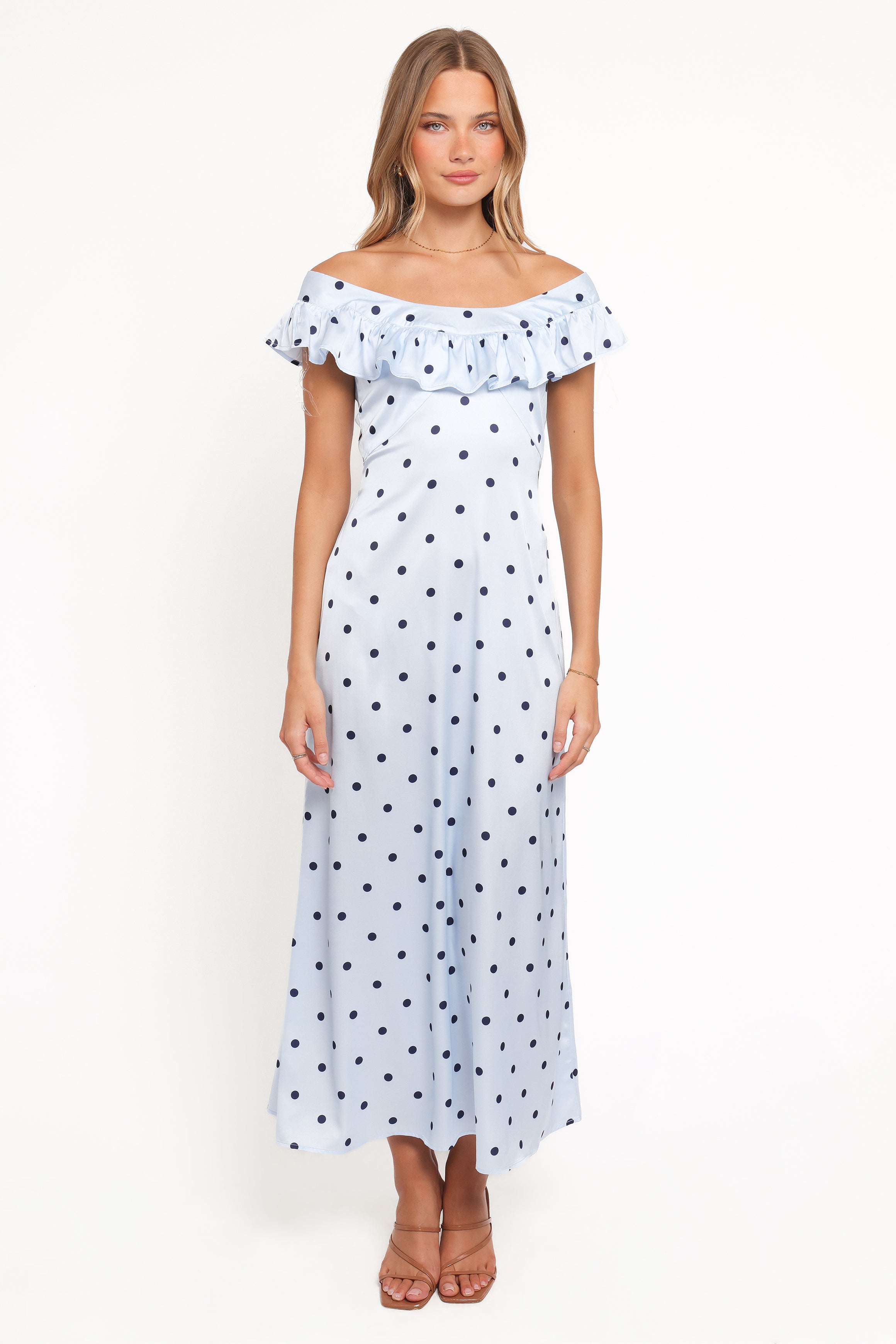 Manaris Off Shoulder Maxi Dress - Blue Polka Dot