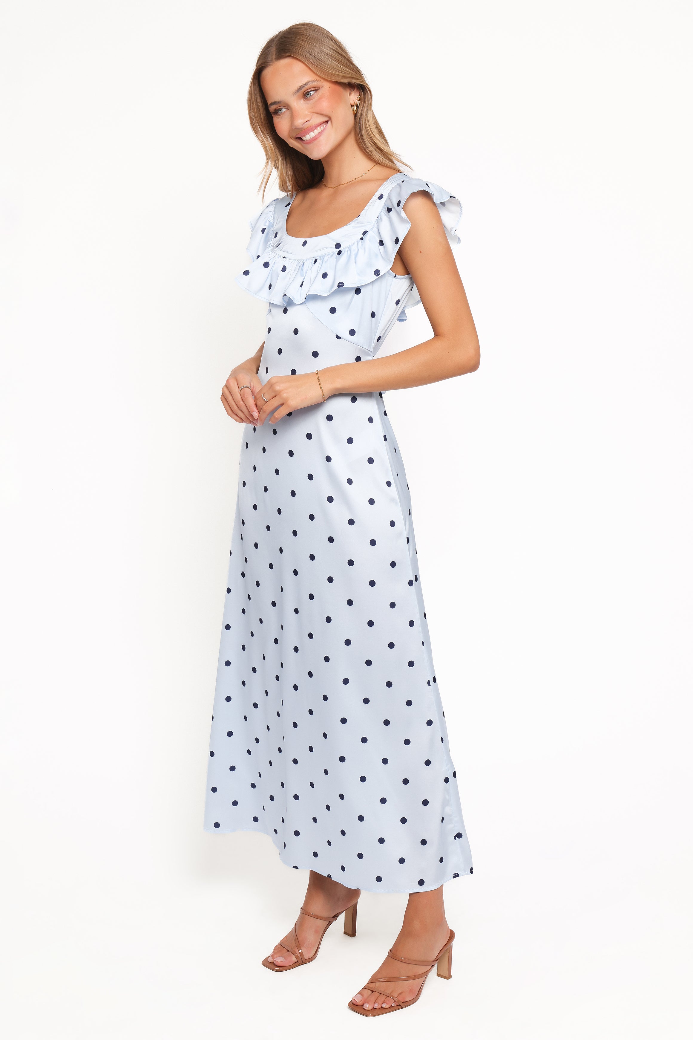 Manaris Off Shoulder Maxi Dress - Blue Polka Dot