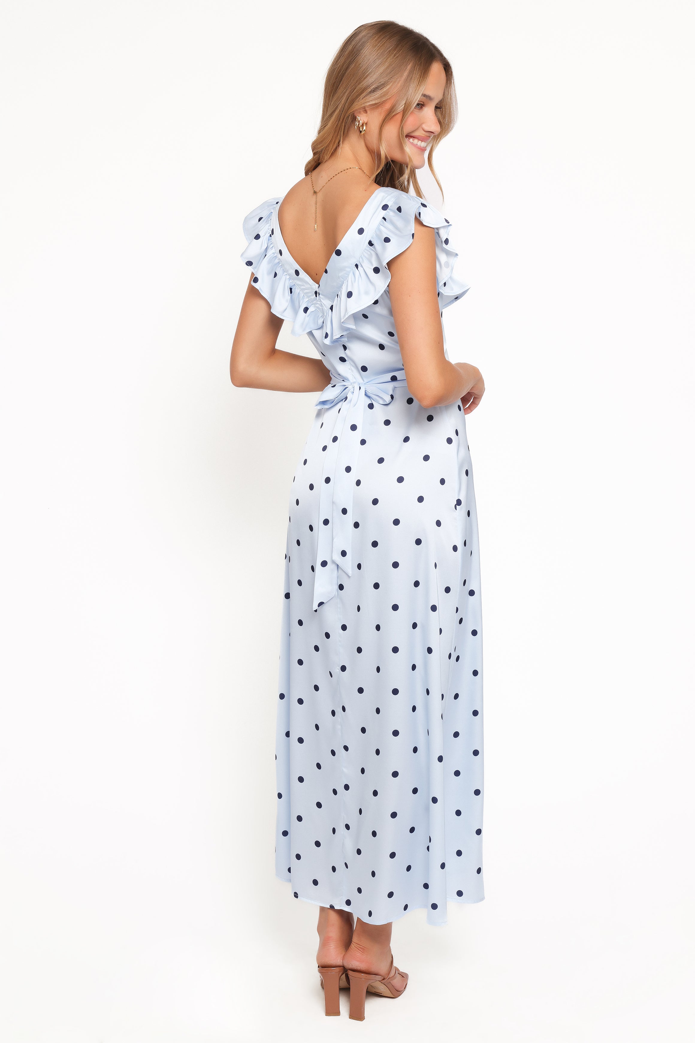 Manaris Off Shoulder Maxi Dress - Blue Polka Dot