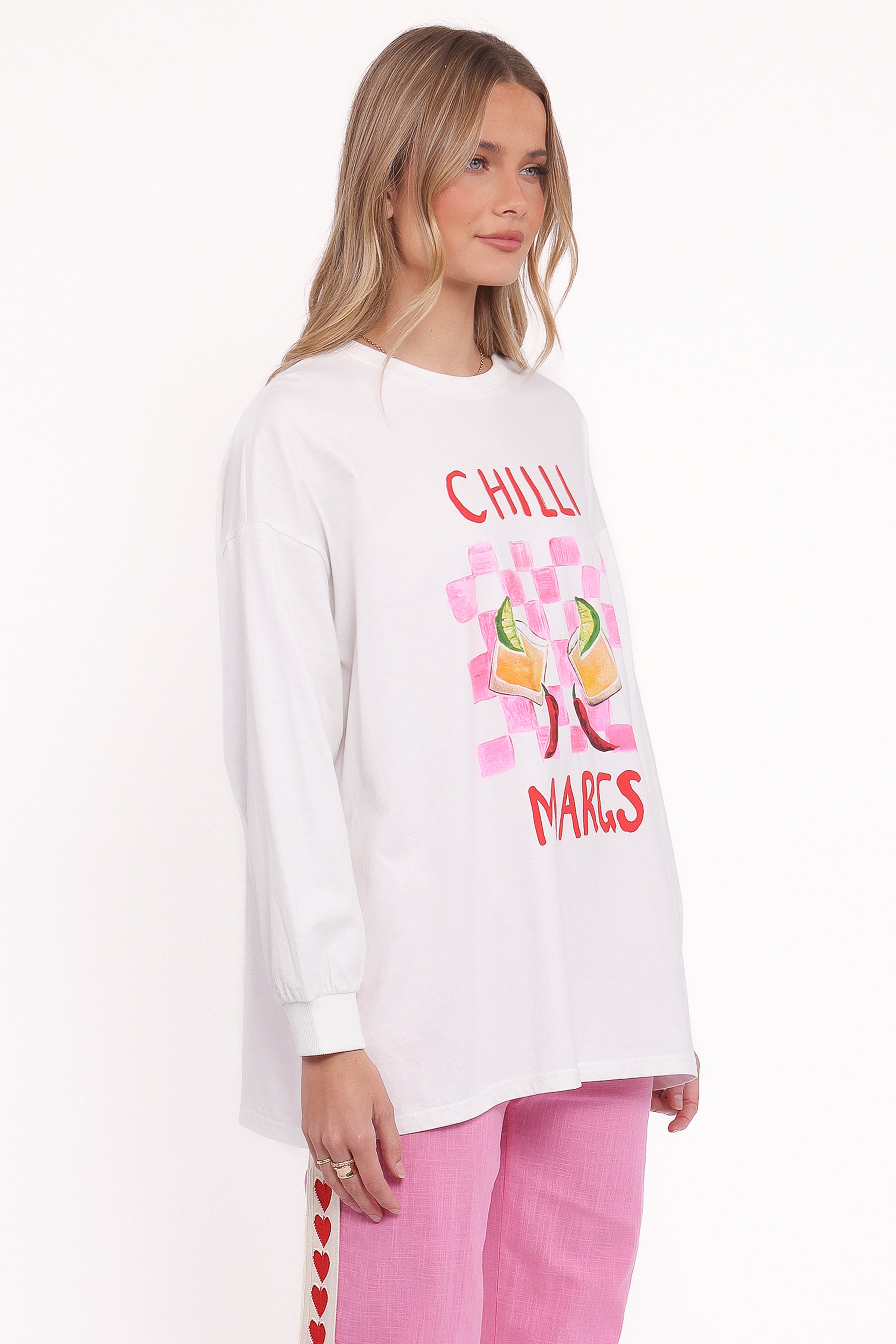 Meredith Graphic Tee Pant Set - White Pink
