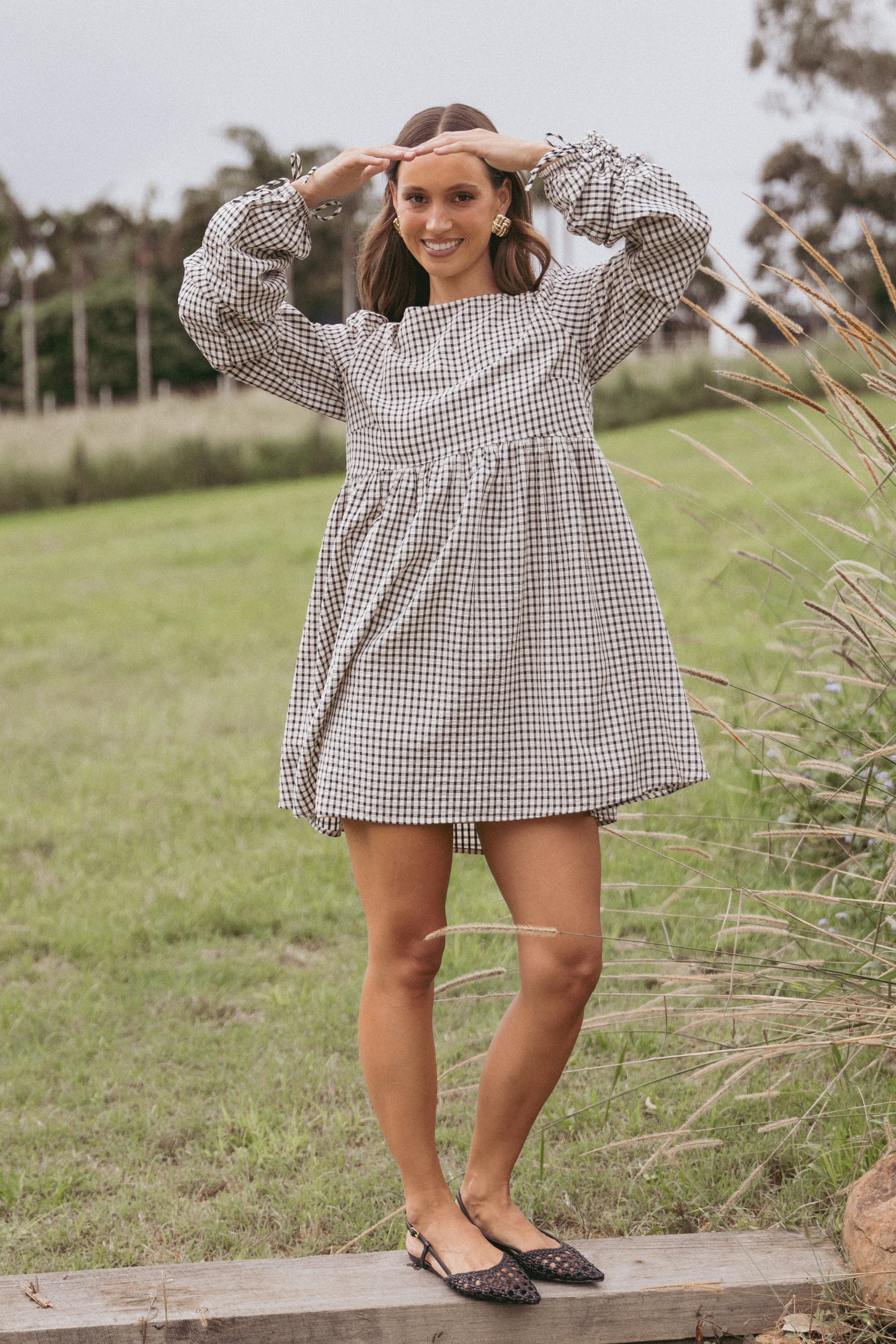 Micaela Long Sleeve Mini Dress - Black Gingham
