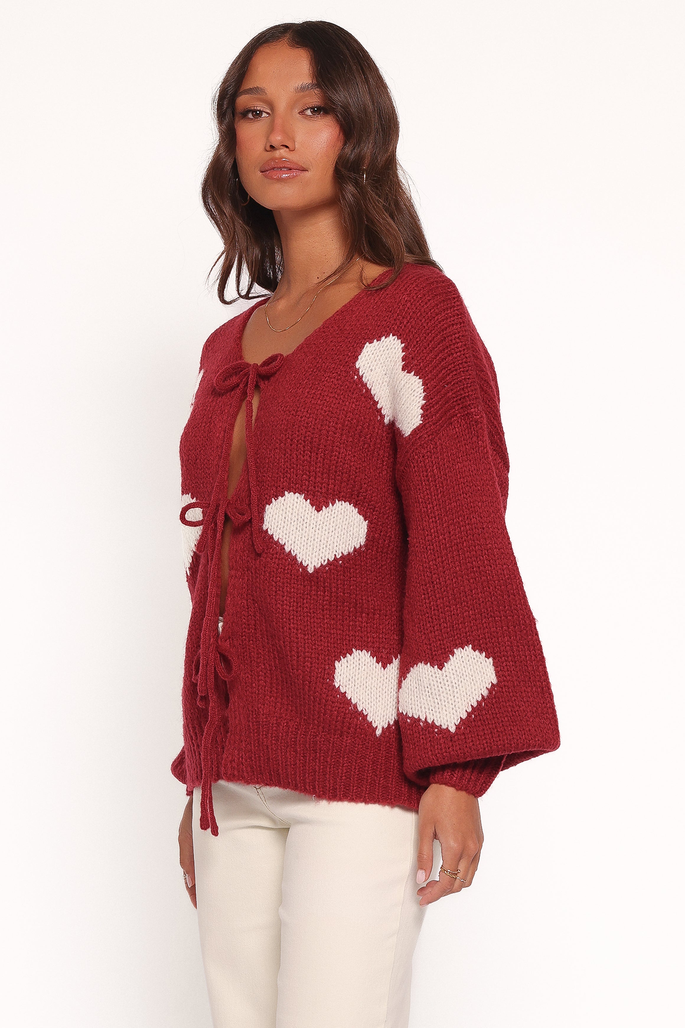 Nadine All Over Heart Tie Front Cardigan - Wine