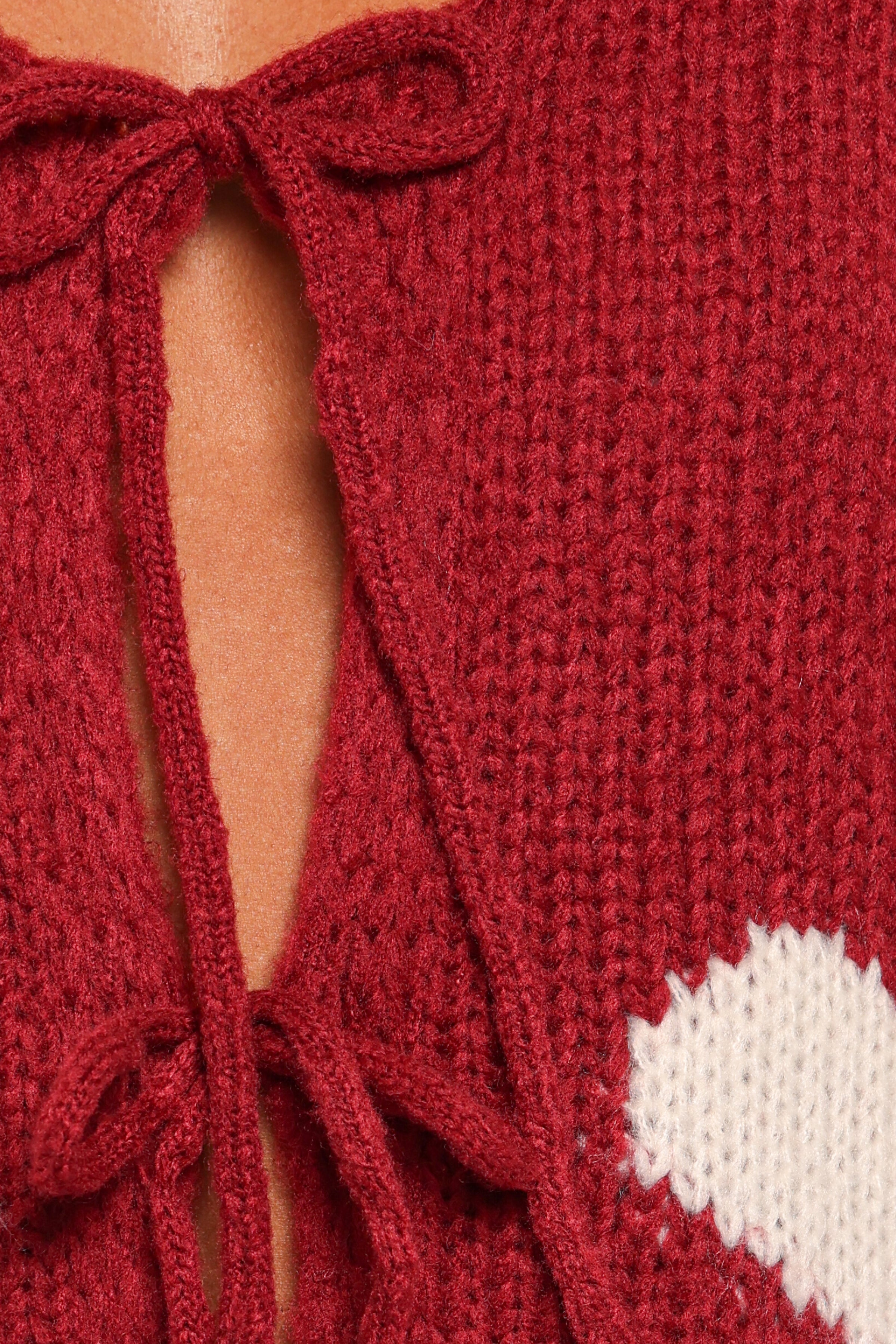 Nadine All Over Heart Tie Front Cardigan - Wine