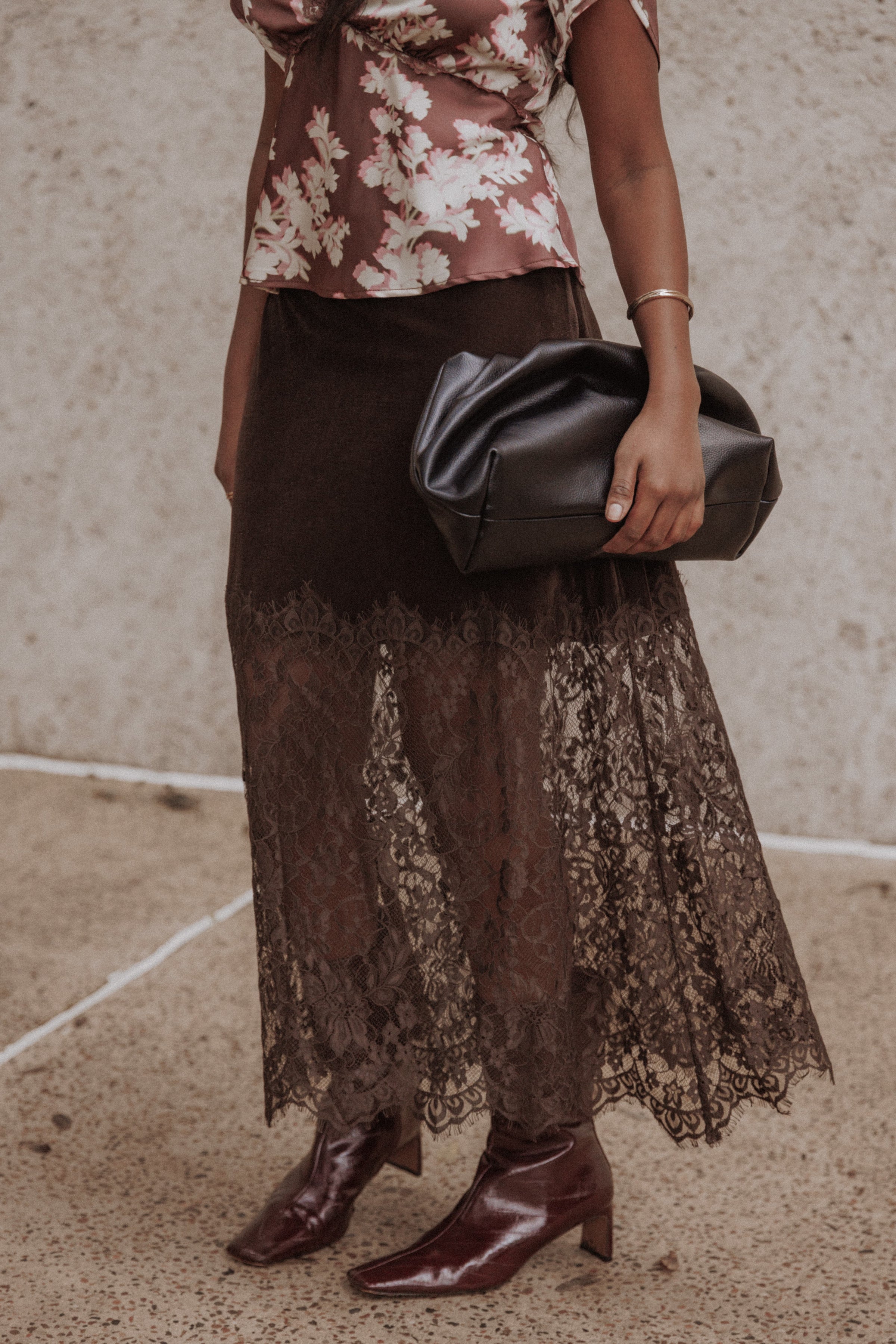 Bridie Lace Trim Midi Skirt - Chocolate Velvet
