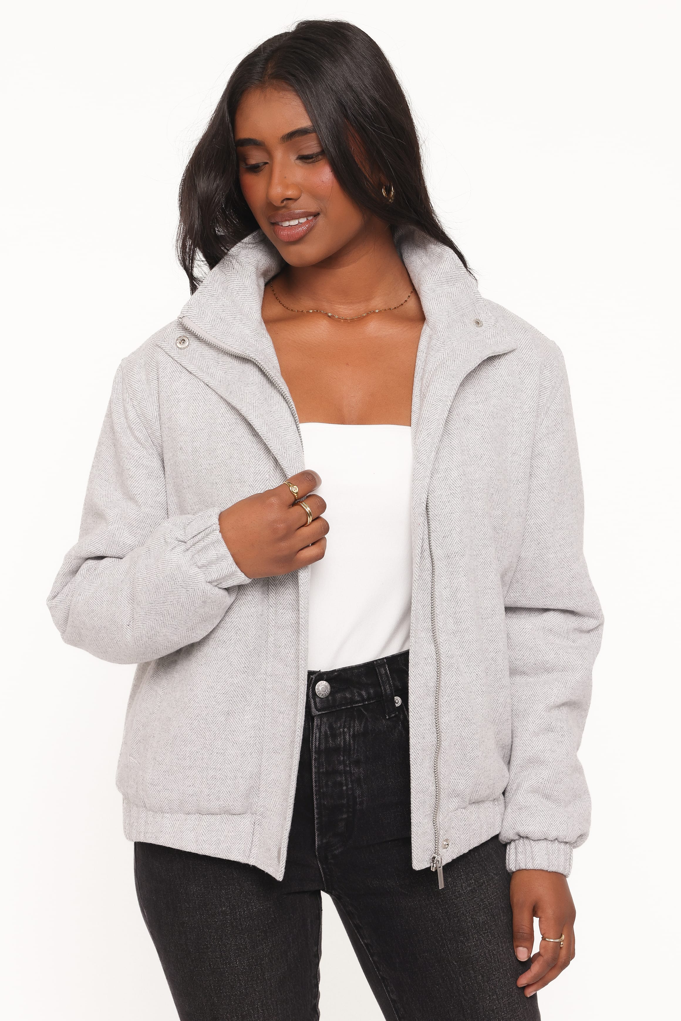 Peyton Funnel Neck Bomber Jacket - Grey Herringbone
