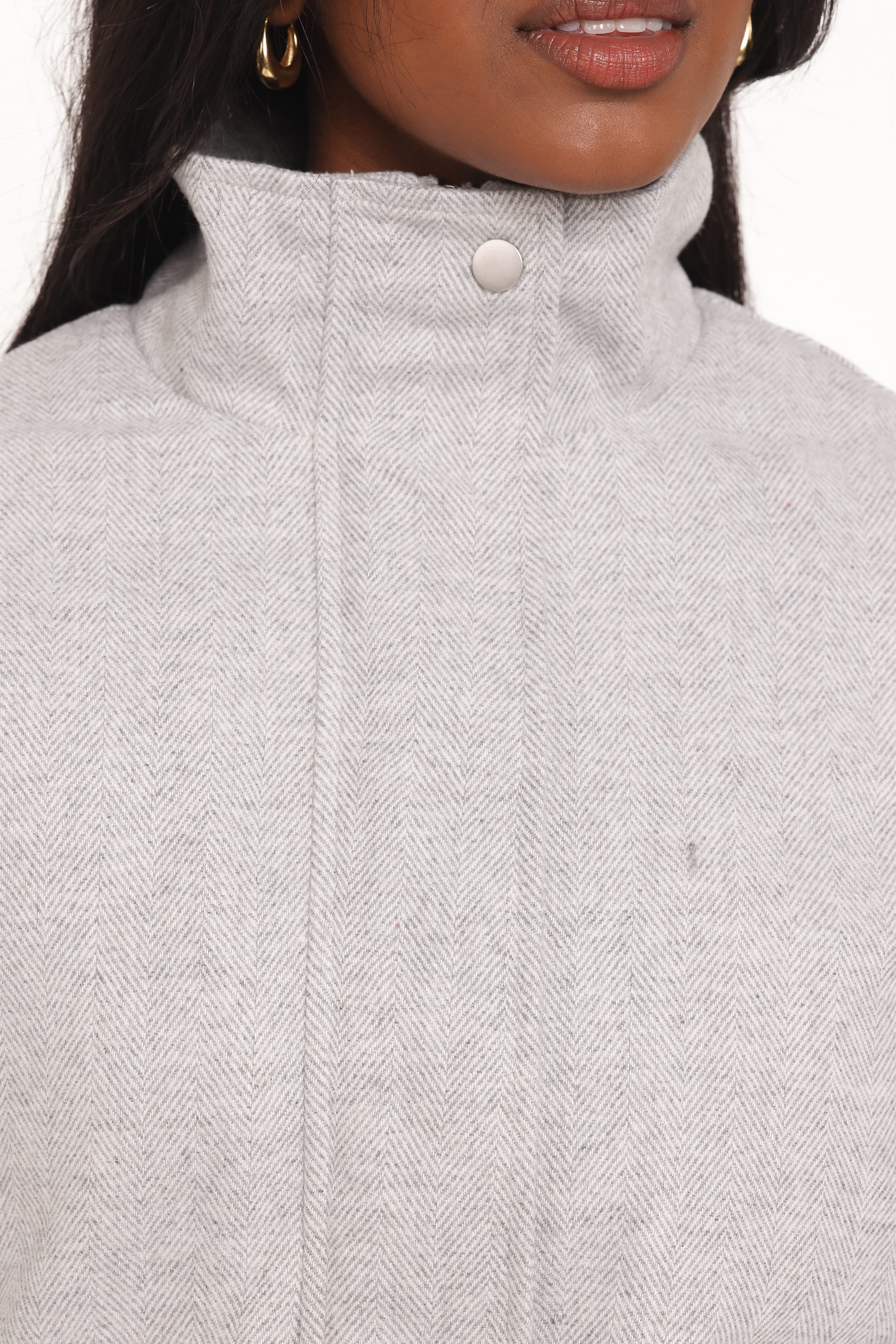 Peyton Funnel Neck Bomber Jacket - Grey Herringbone